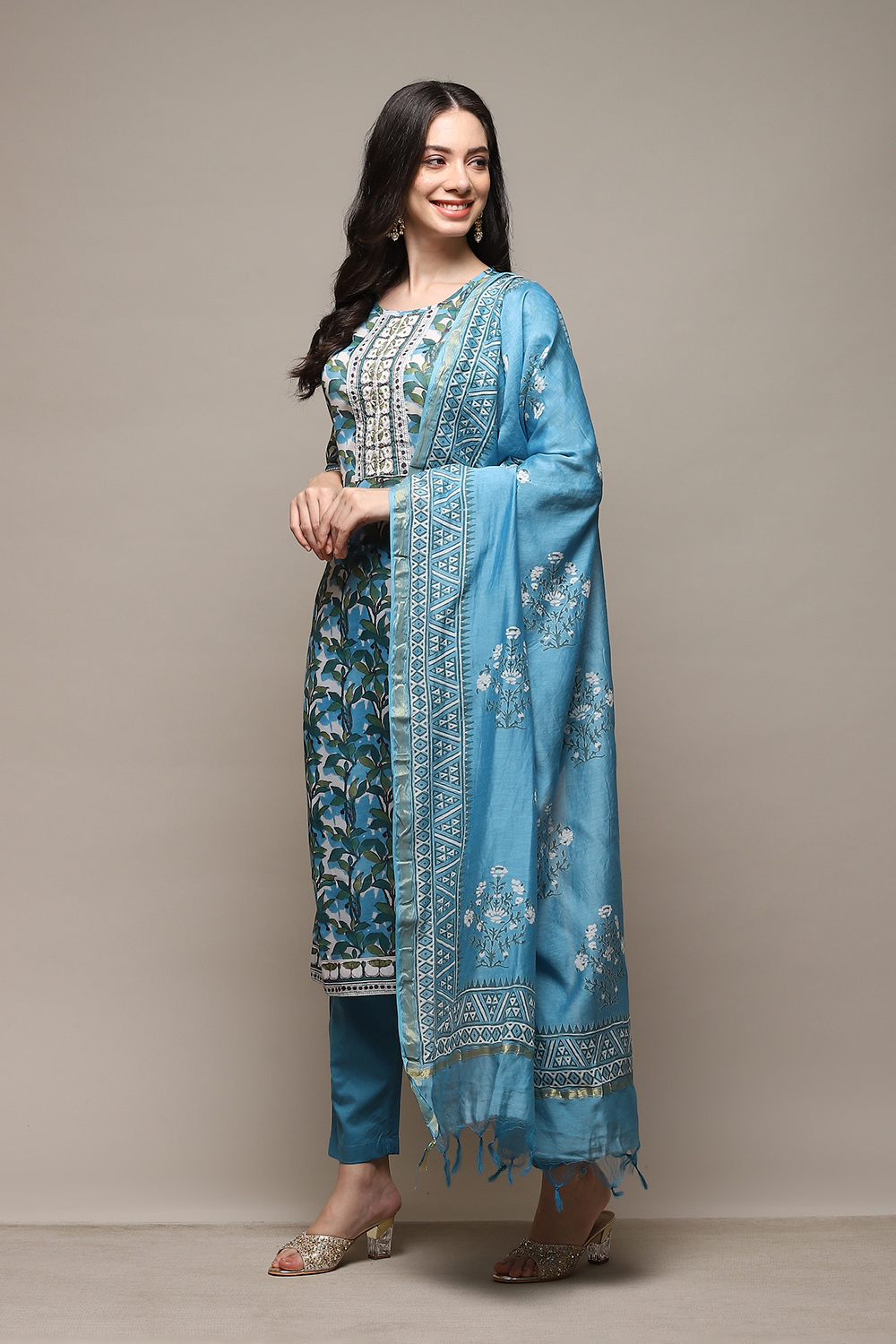 Blue Silk Blend Printed Unstitched Suit Set image number 6