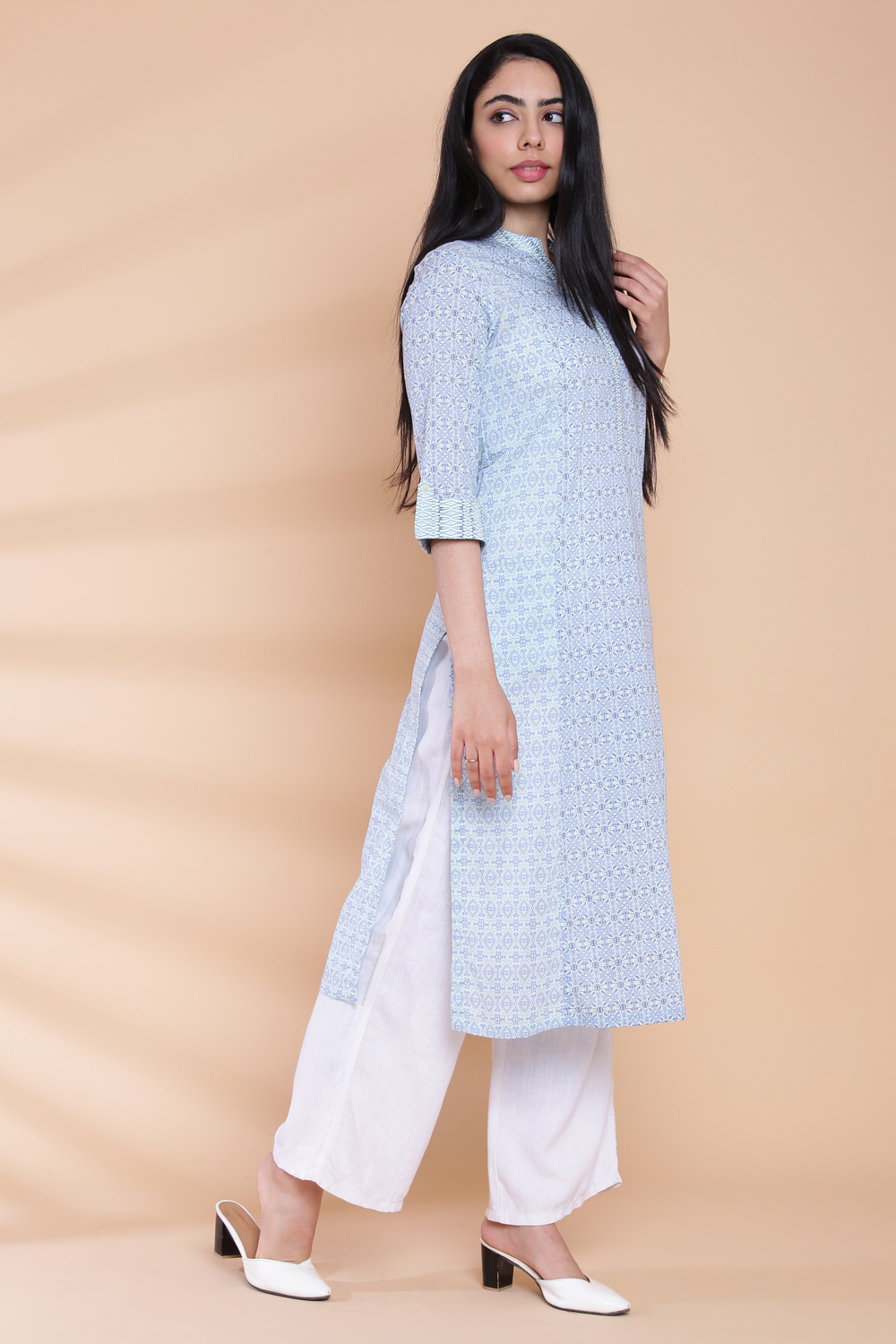 Mint Green Straight Cotton Printed Kurta image number 3