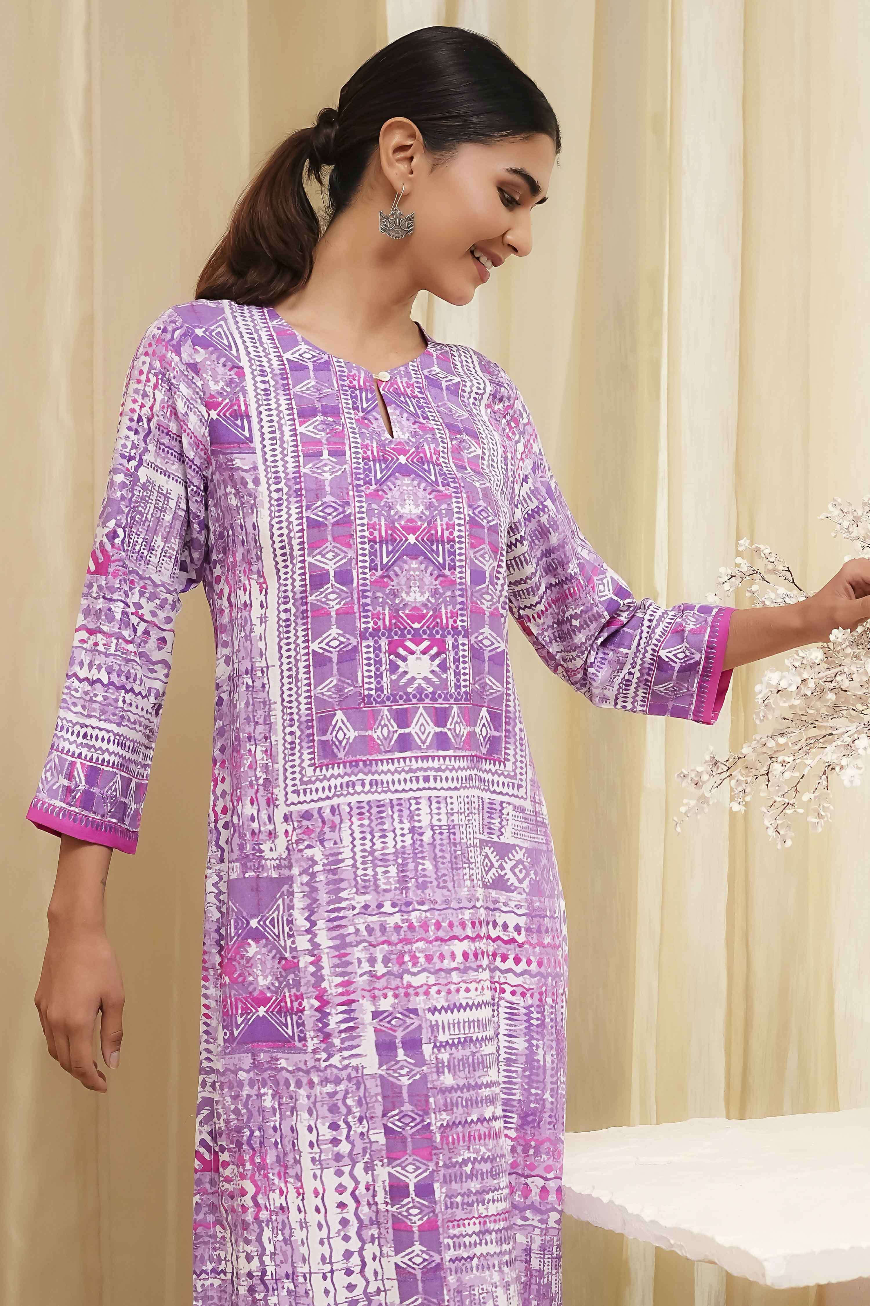 Lavender Printed Straight Kurta image number 6