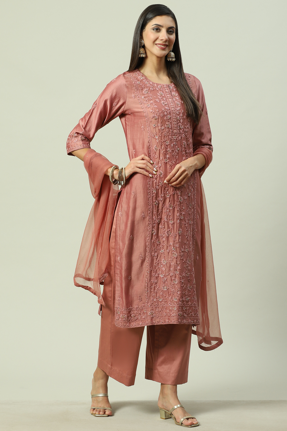 Earthy Peach Cotton Blend Straight Kurta Palazzo Suit Set image number 0