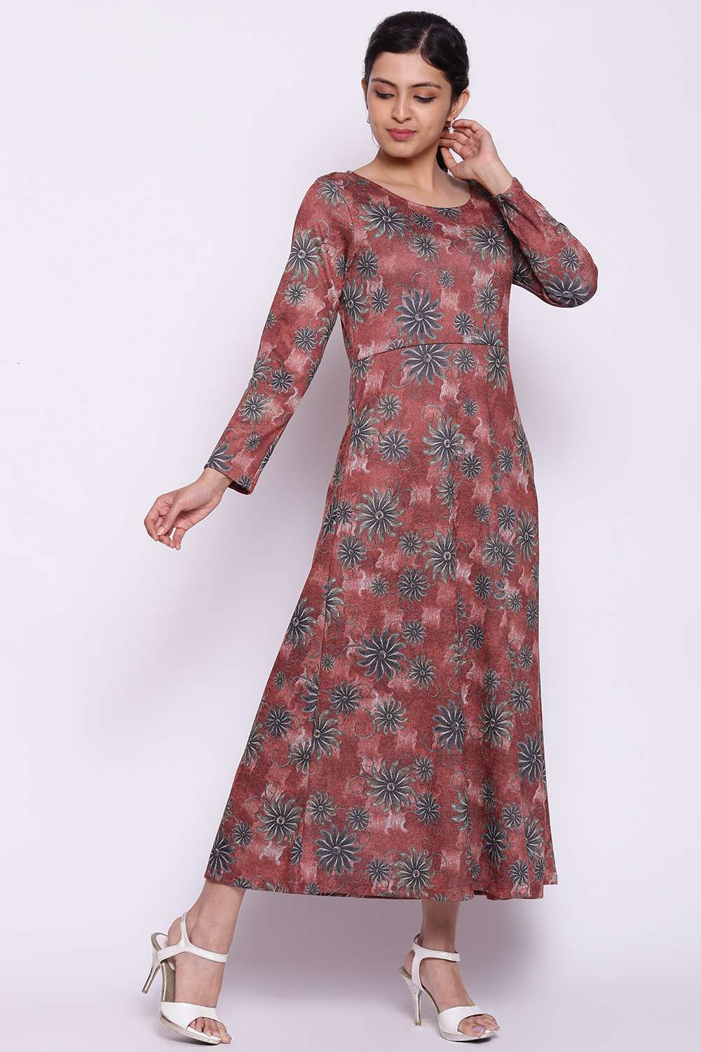 Rust Woolen Floral Printed Dress image number 4