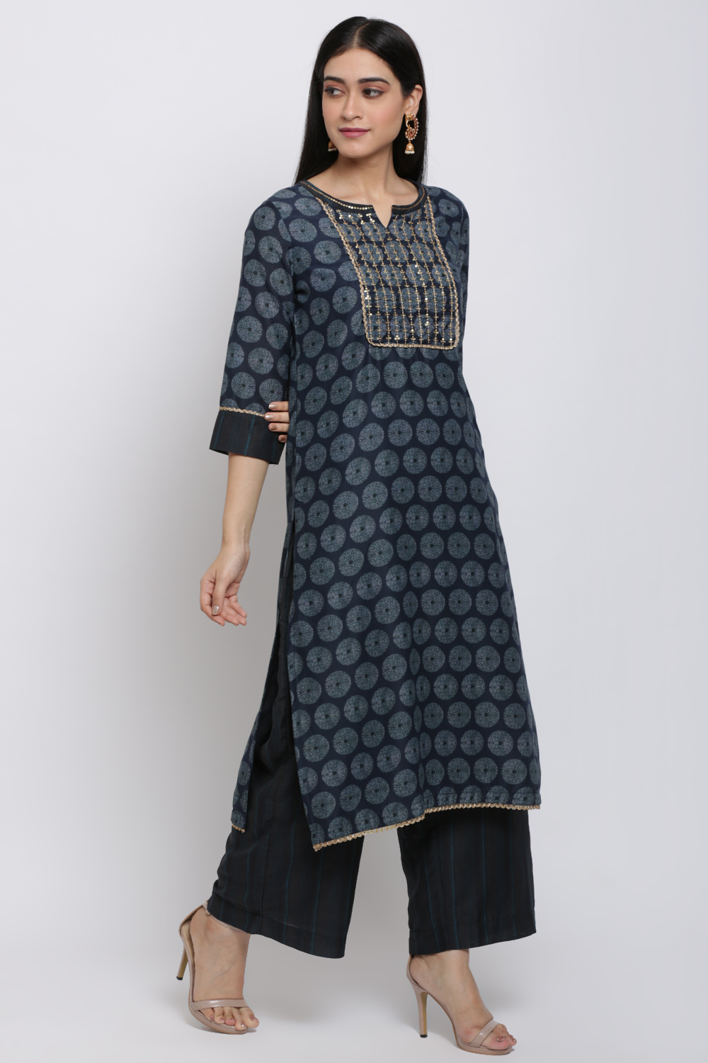 Navy Blue Art Silk Straight Kurta Palazzo Suit Set image number 2