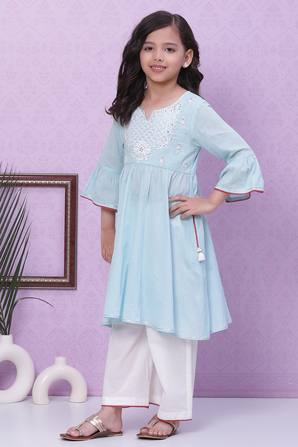 Sky Blue Cotton Flared Embroidered Kurta Set image number 3