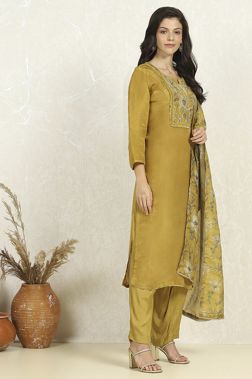 Lime Green Cotton Unstitched Suit Set image number 6