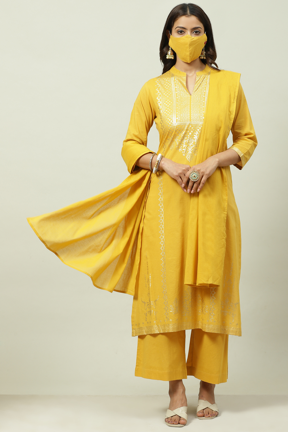 Mustard Printed Cotton Straight Kurta Palazzo Suit Set image number 0