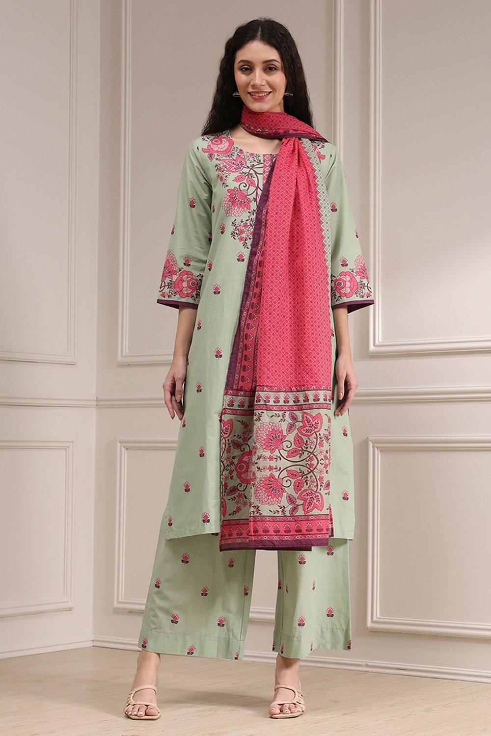 Sage Green Cotton Printed Straight Suit Set image number 6