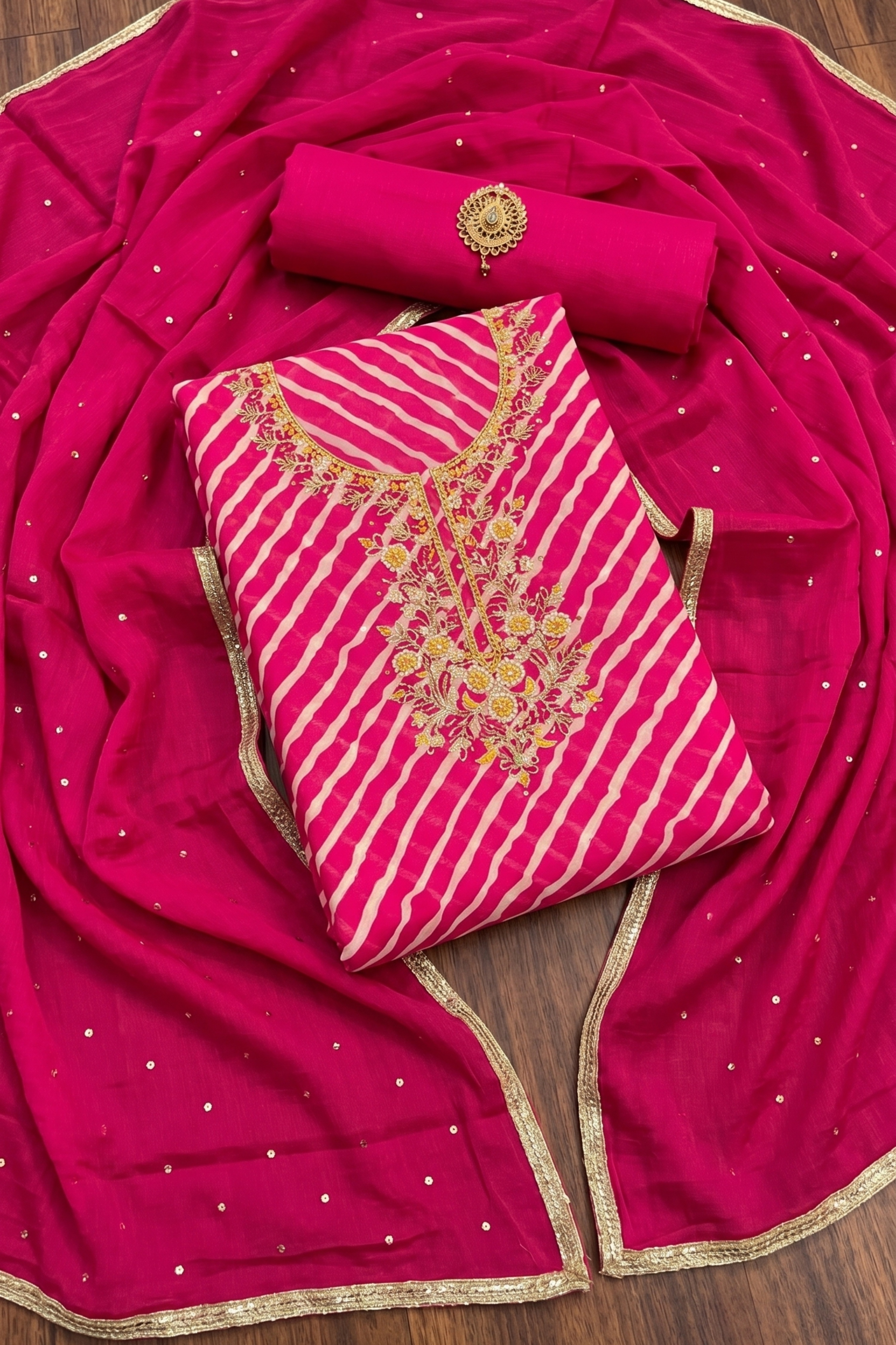 Pink Chanderi Embroidery With Rajasthani Lehriya Print Unstitched Suit Set image number 1