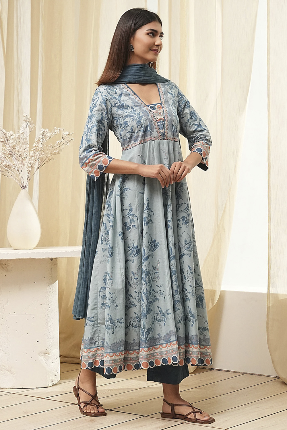 Dull Blue Cotton Floral Anarkali Suit Set image number 5