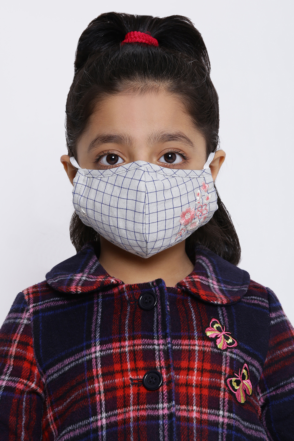 Grey And Blue Cotton Kids Yarndyed Face Mask image number 0