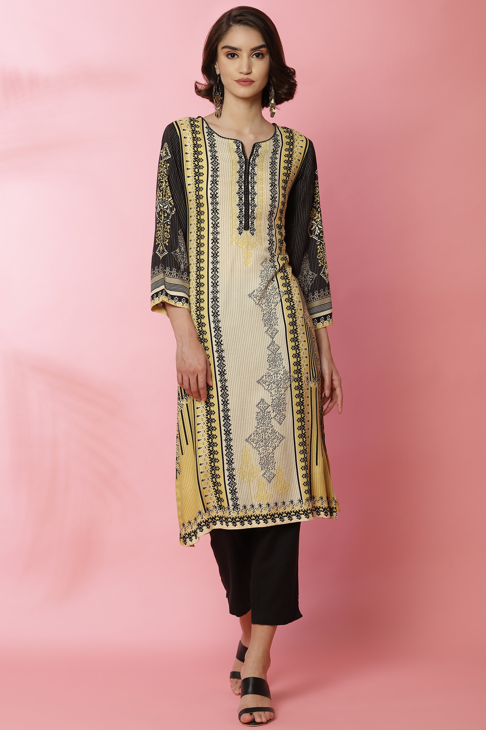 Black And Off White Viscose Printed Kurta image number 0