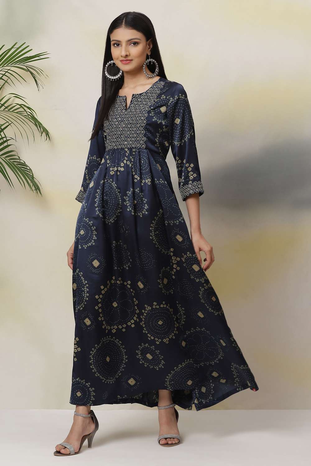 Navy Flared Modal Printed Dress image number 3