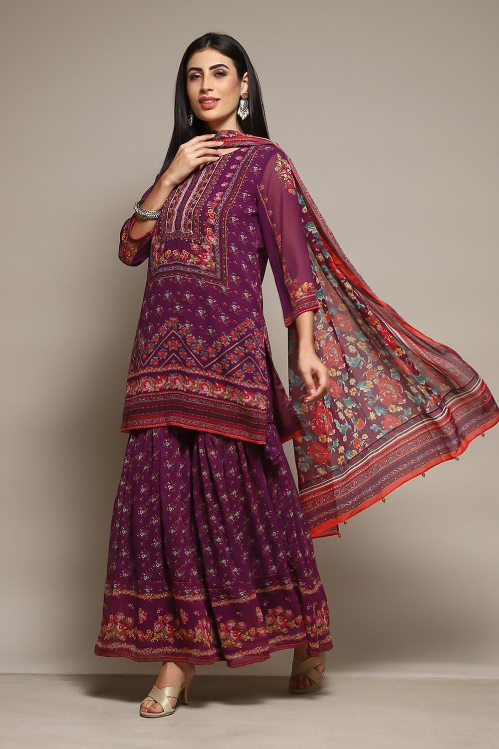 Purple Polyester Straight Printed Kurta Garara Suit Set image number 0