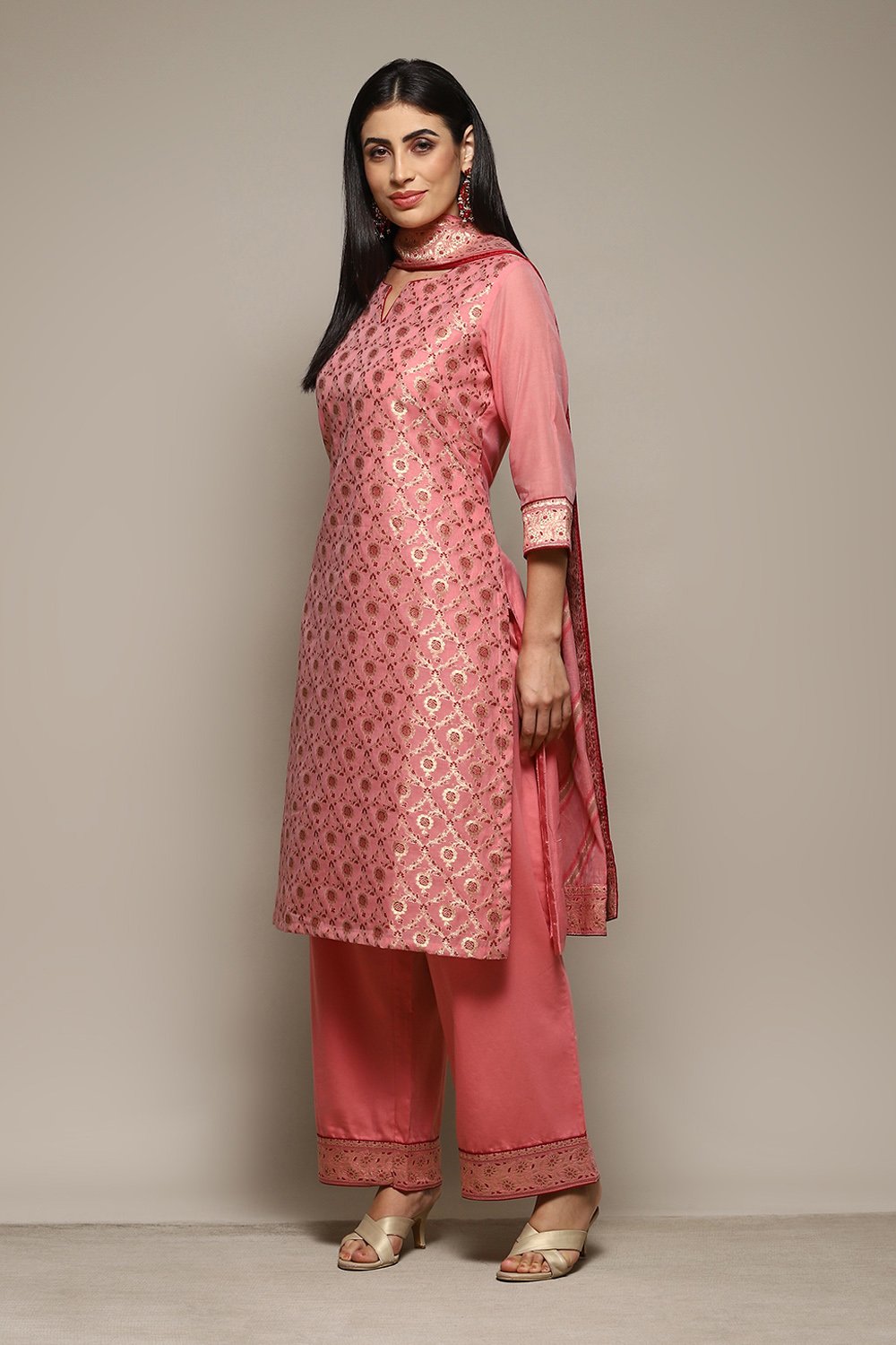 Mustard Cotton Blend Straight Yarndyed Kurta Palazzo Suit Set image number 5