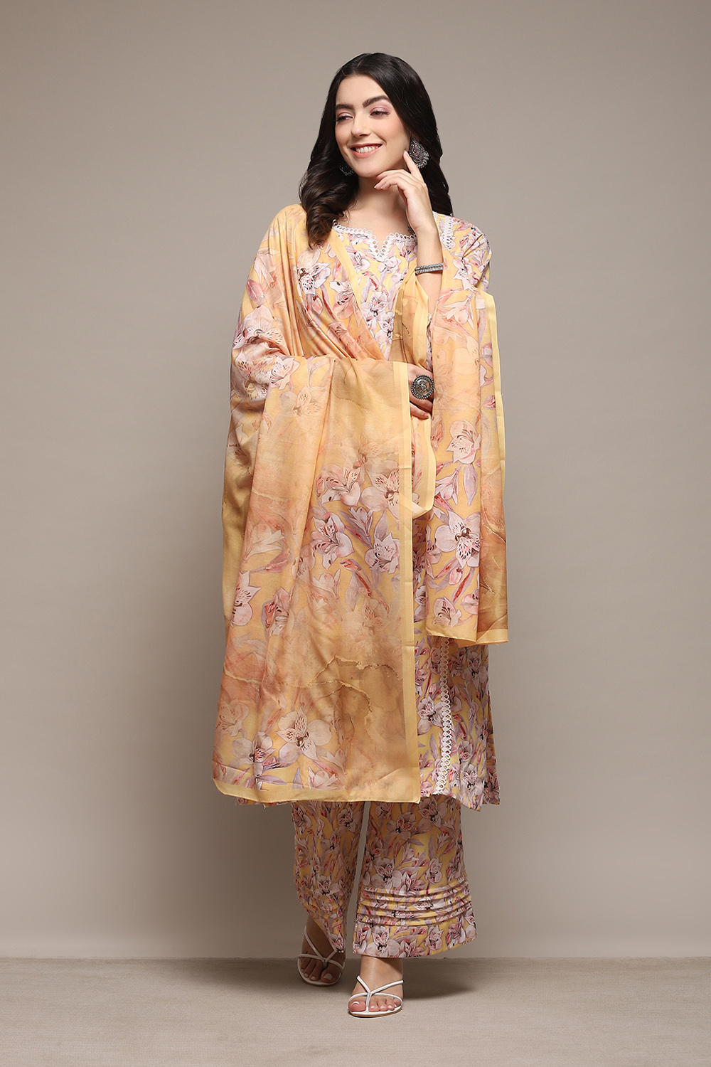 Yellow Cotton Blend Digital Print Unstitched Suit Set image number 1