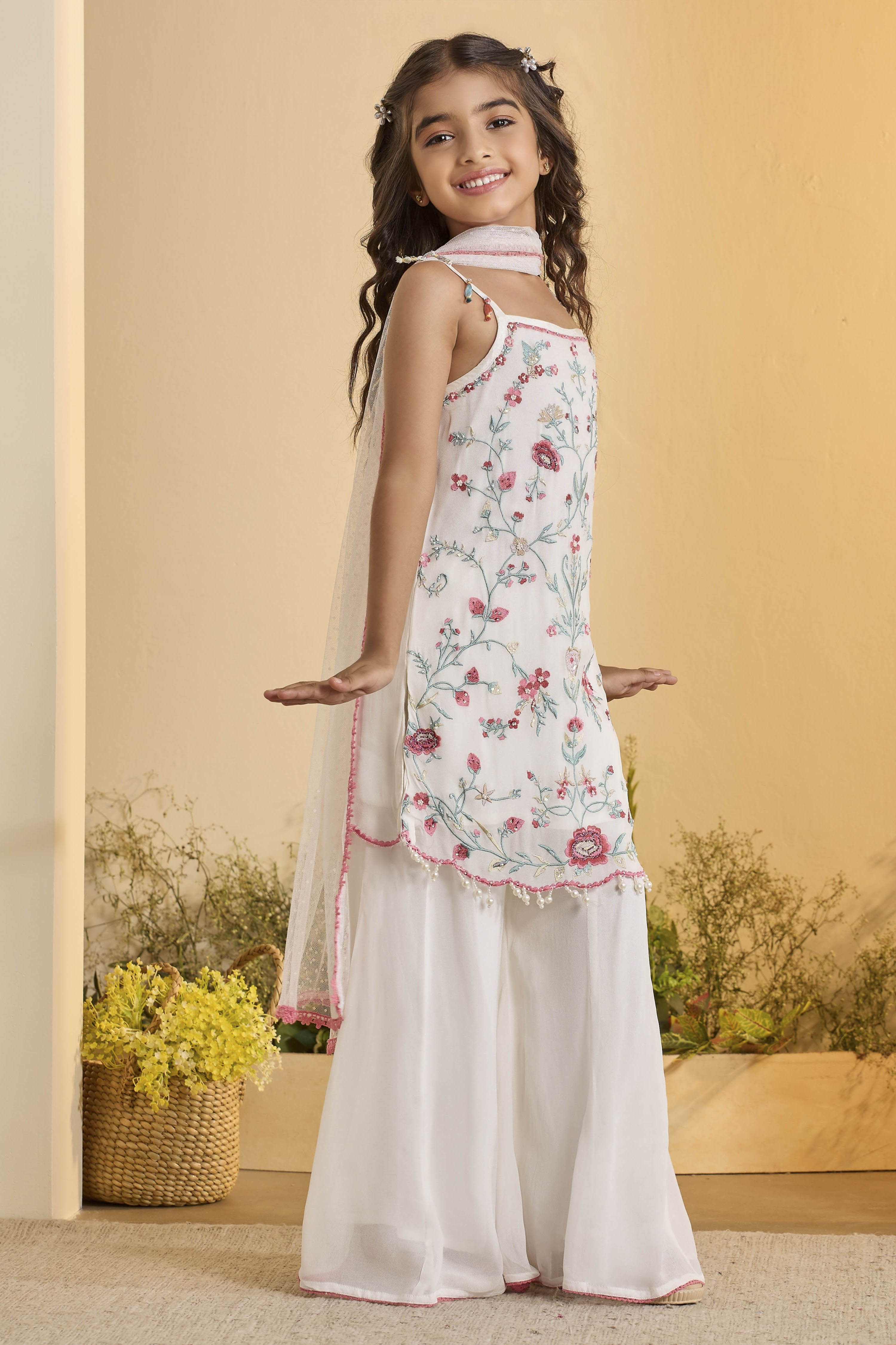 Off-White Viscose Rayon Floral Straight Suit Set image number 5