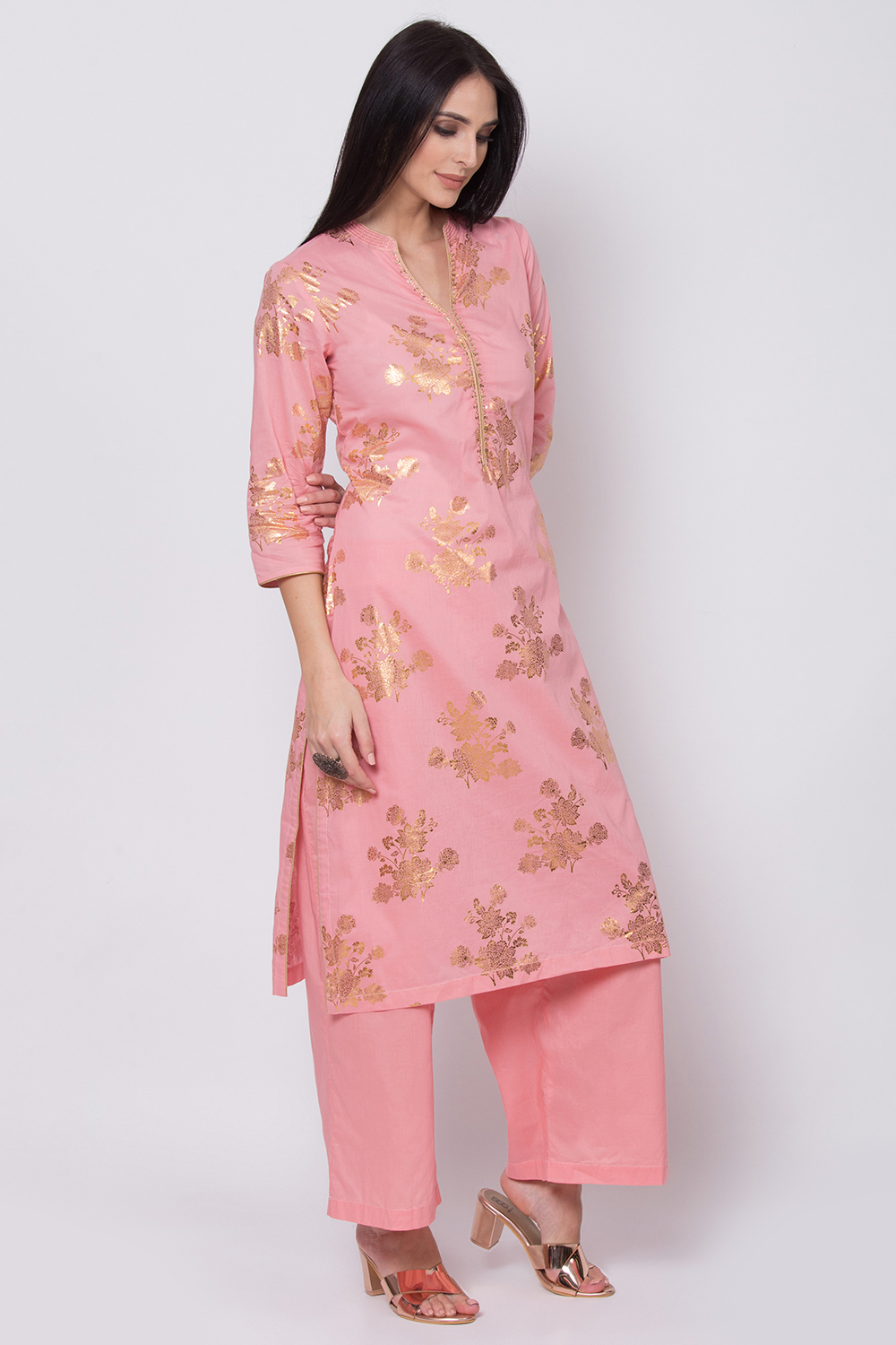 Peach Cotton Straight Kurta Palazzo Suit Set image number 4