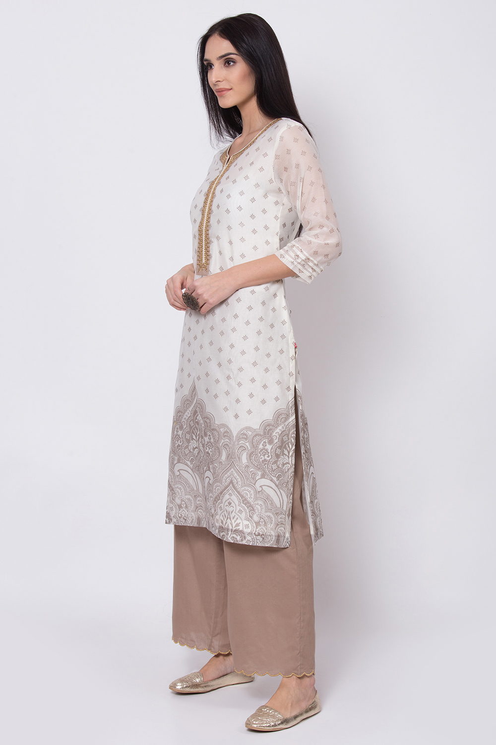 Off White Poly Cotton Straight Kurta Palazzo Suit Set image number 3