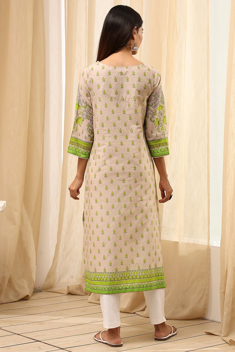 Green Cotton Printed Straight Kurta image number 4