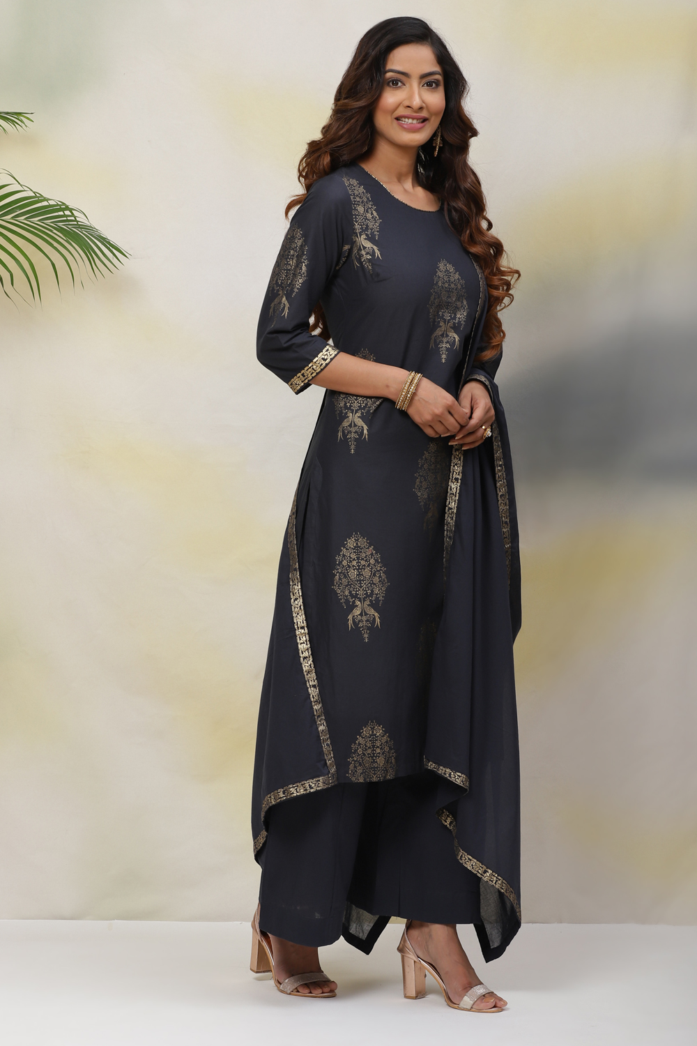 Dark Navy Cotton Straight Kurta Palazzo Suit Set image number 6