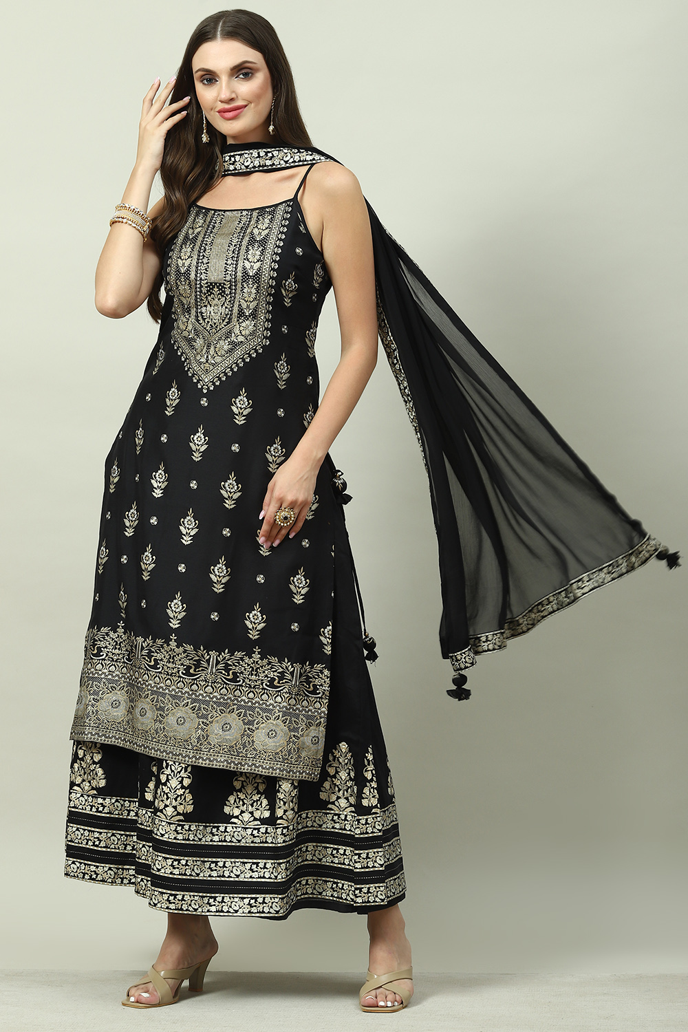 Black Art Silk Straight Kurta Sharara Suit Set image number 6