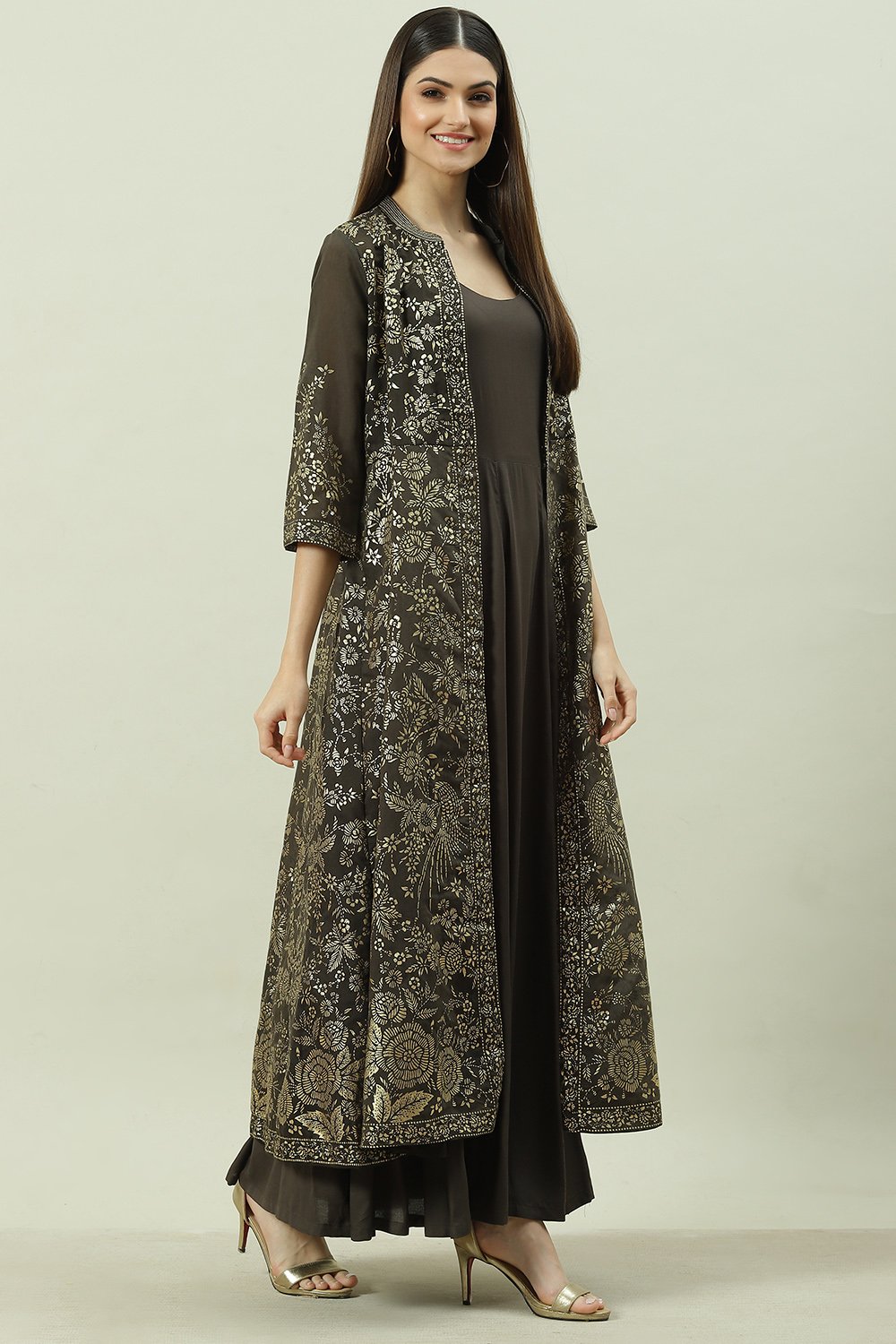 Charcoal Art Silk with Cape Printed Dress image number 6