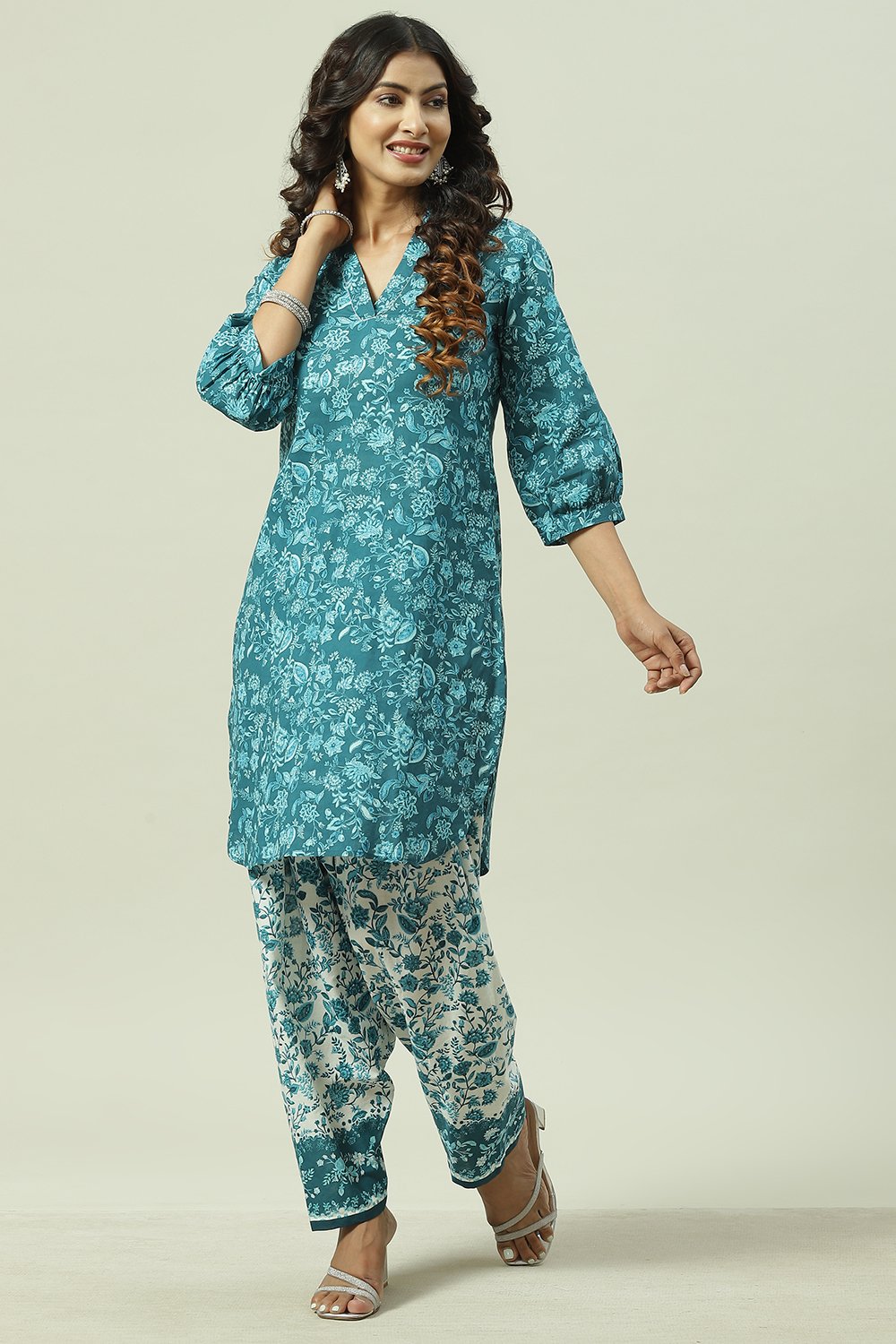 Teal Blue Cotton Straight Kurta Relaxed Salwar Suit Set image number 6
