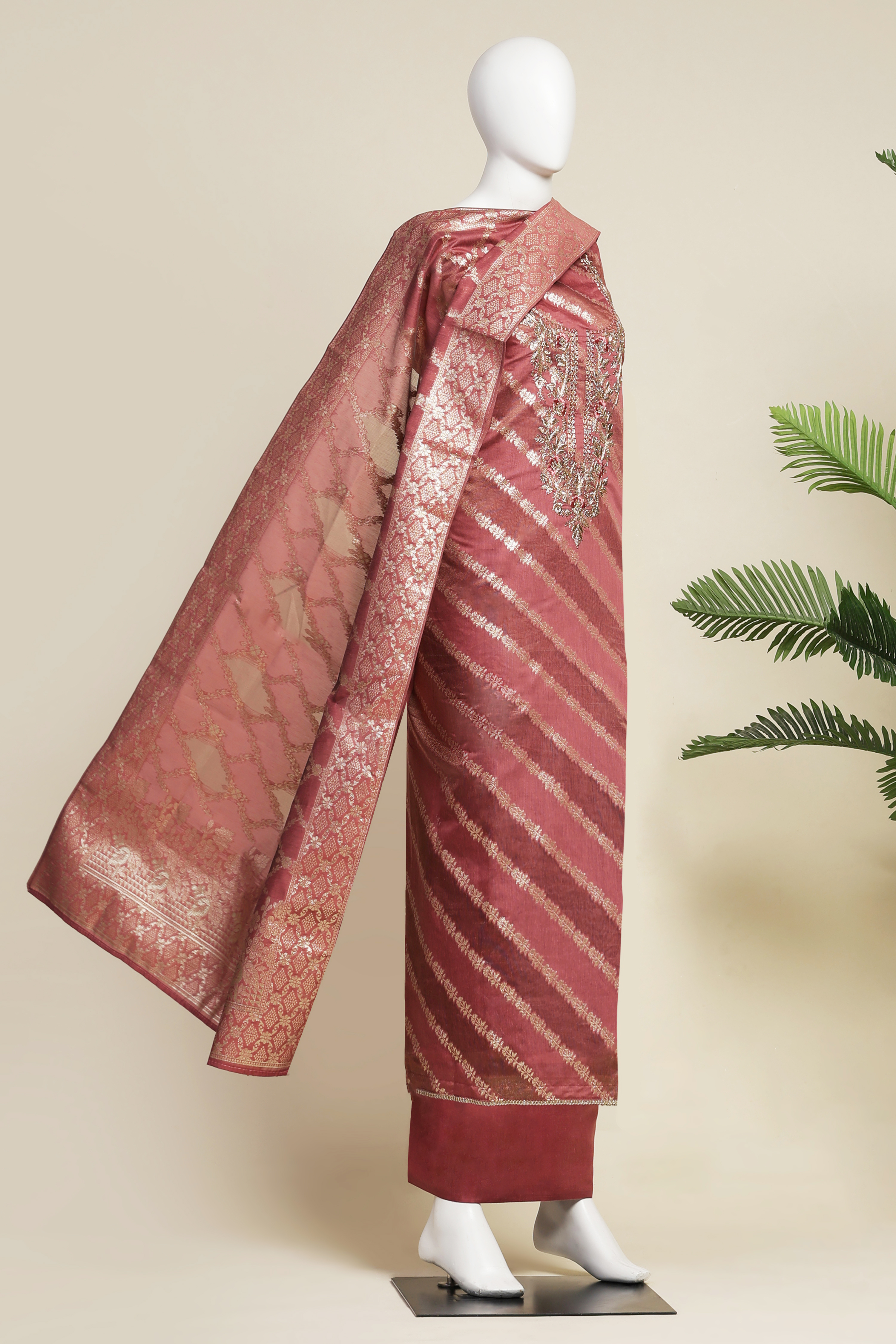Botle Green Tissue Chanderi Embroidered Unstitched Suit Set image number 4