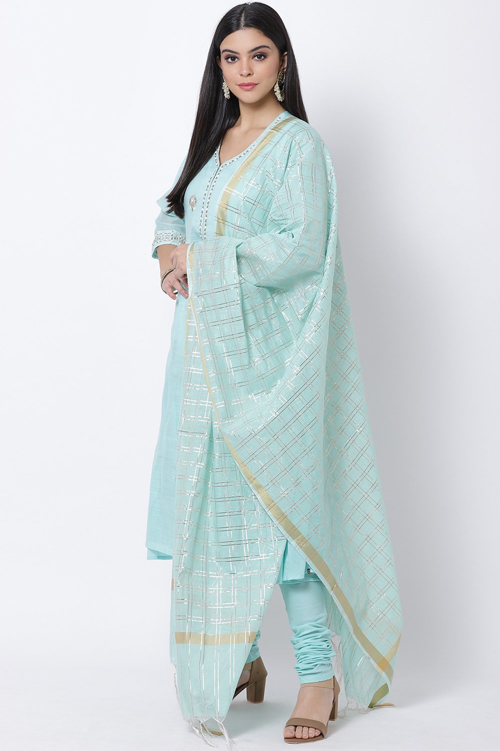 Sky Blue Poly Cotton Flared Kurta Churidar Suit Set image number 2