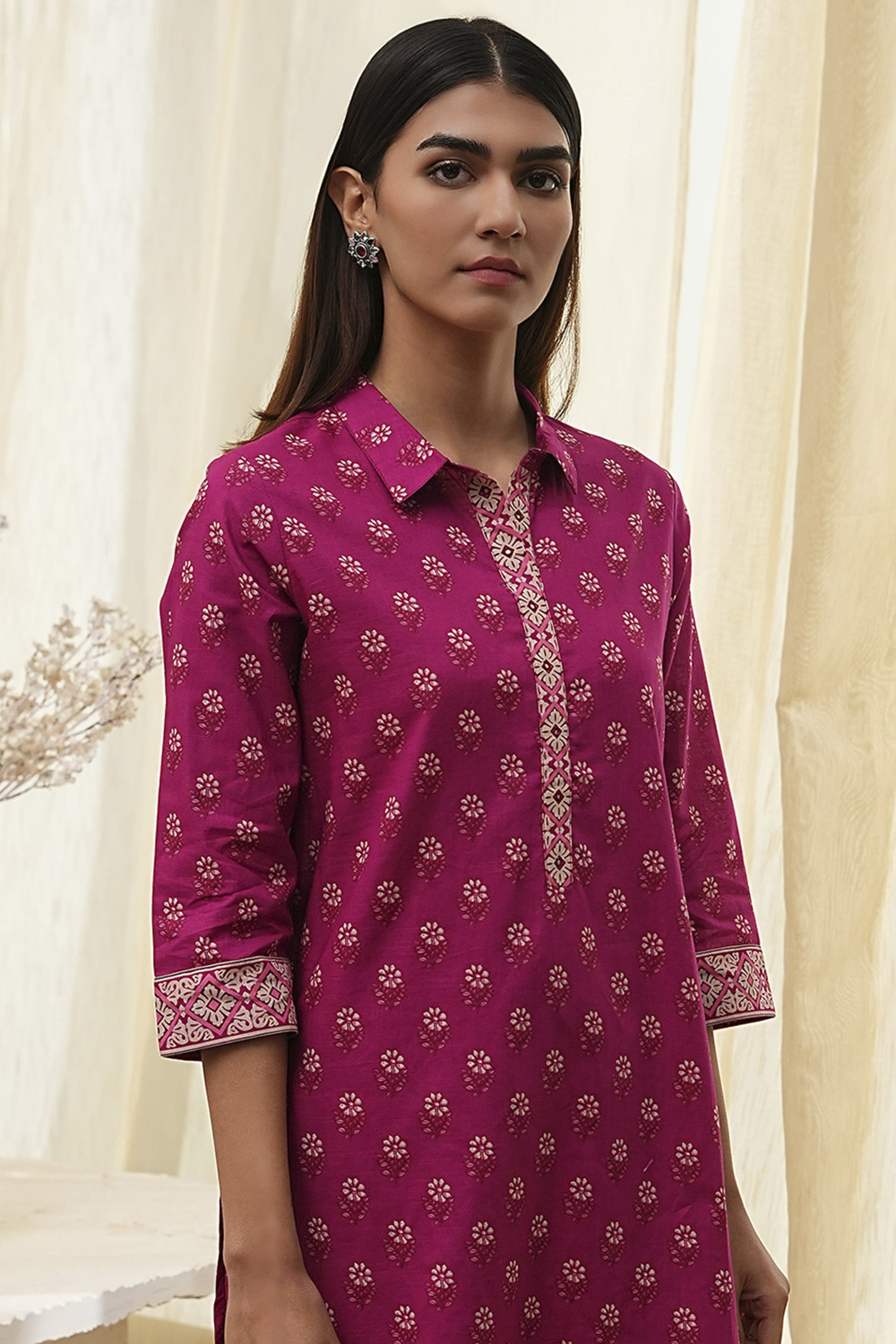 Plum Red Cotton Printed Kurta Set image number 1