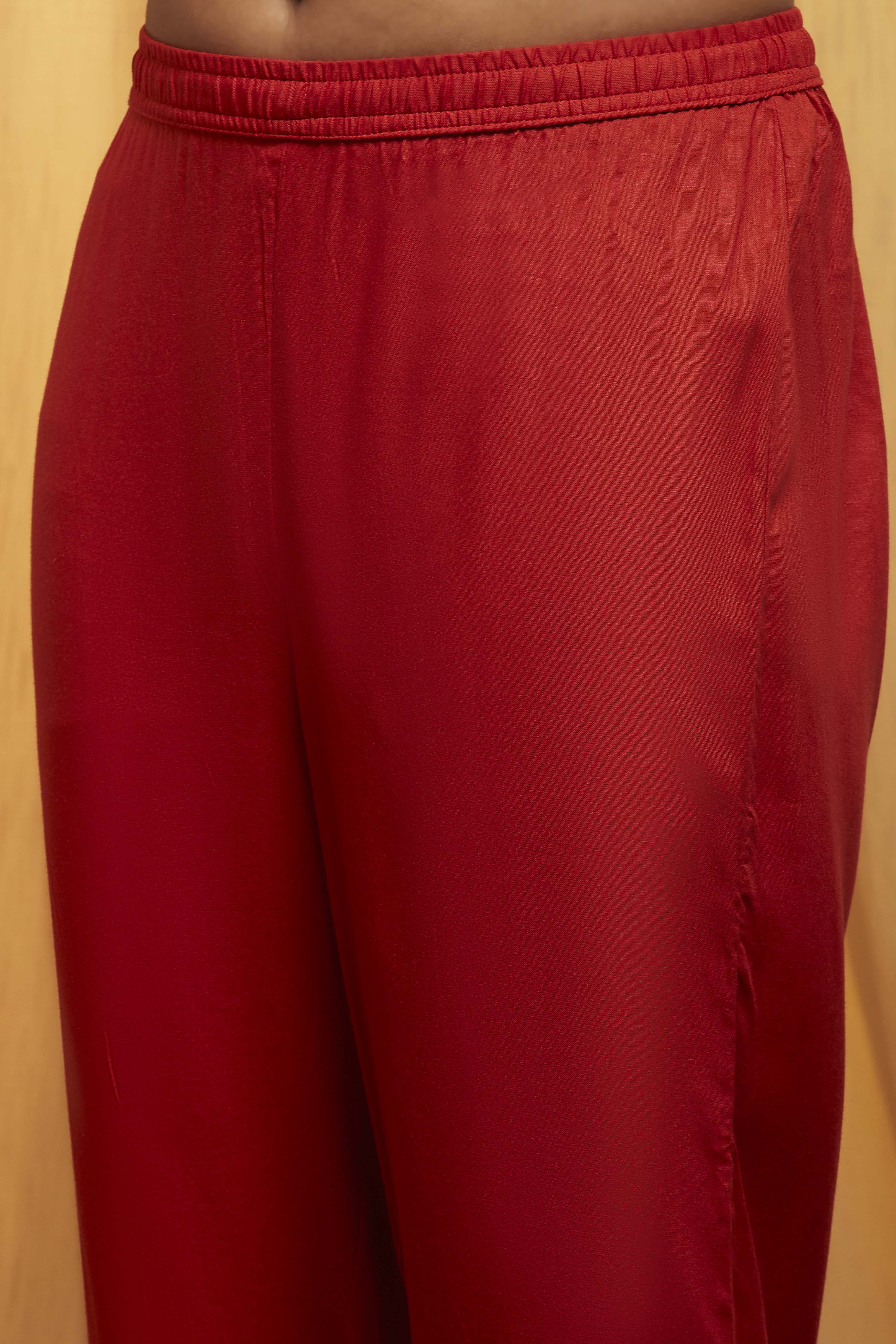 Red Solid Rayon Embroidered Yoke Kurta Set image number 2