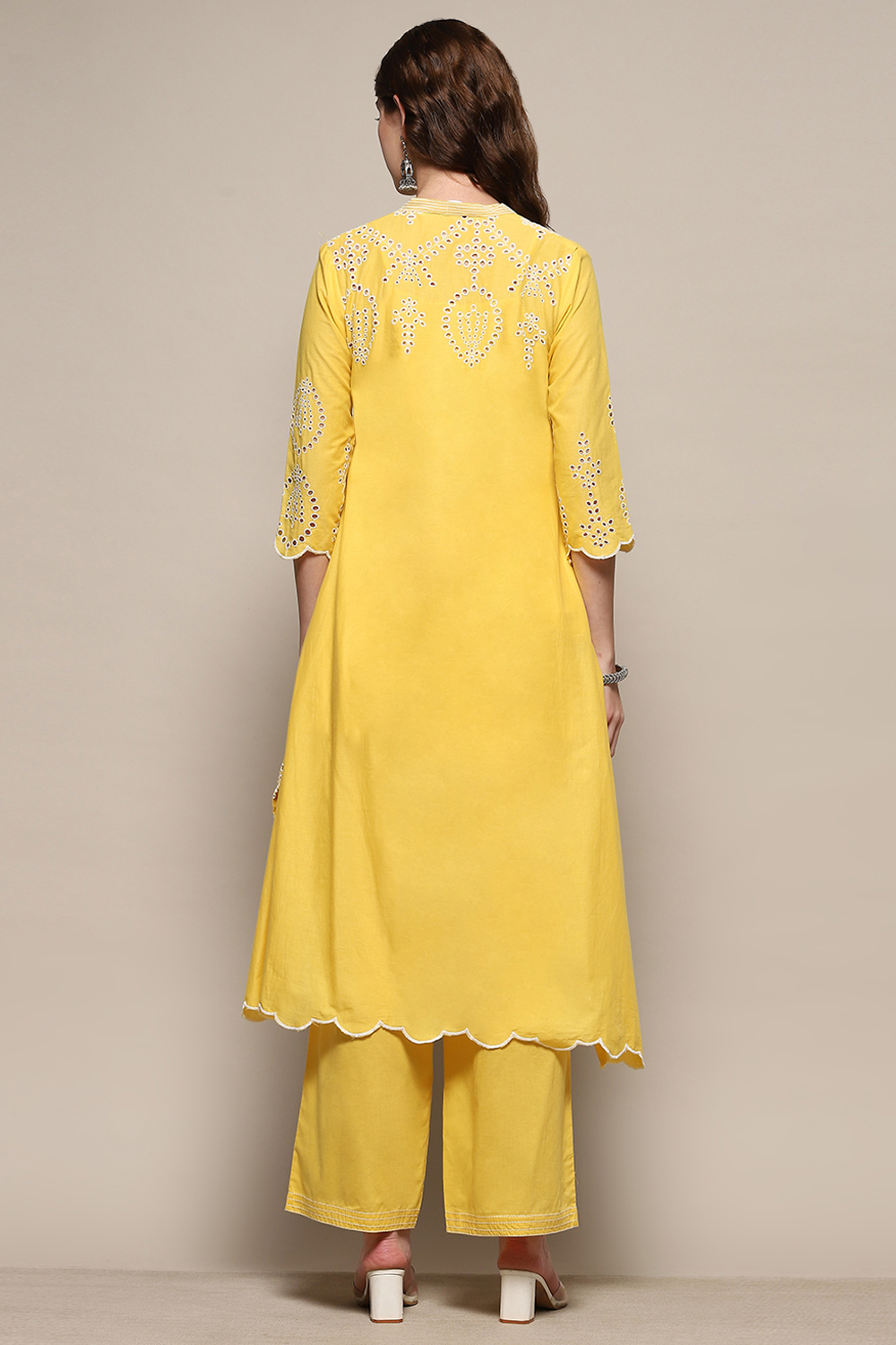 Yellow Cotton Schiffli Kurta & Palazzo Suit Set image number 4