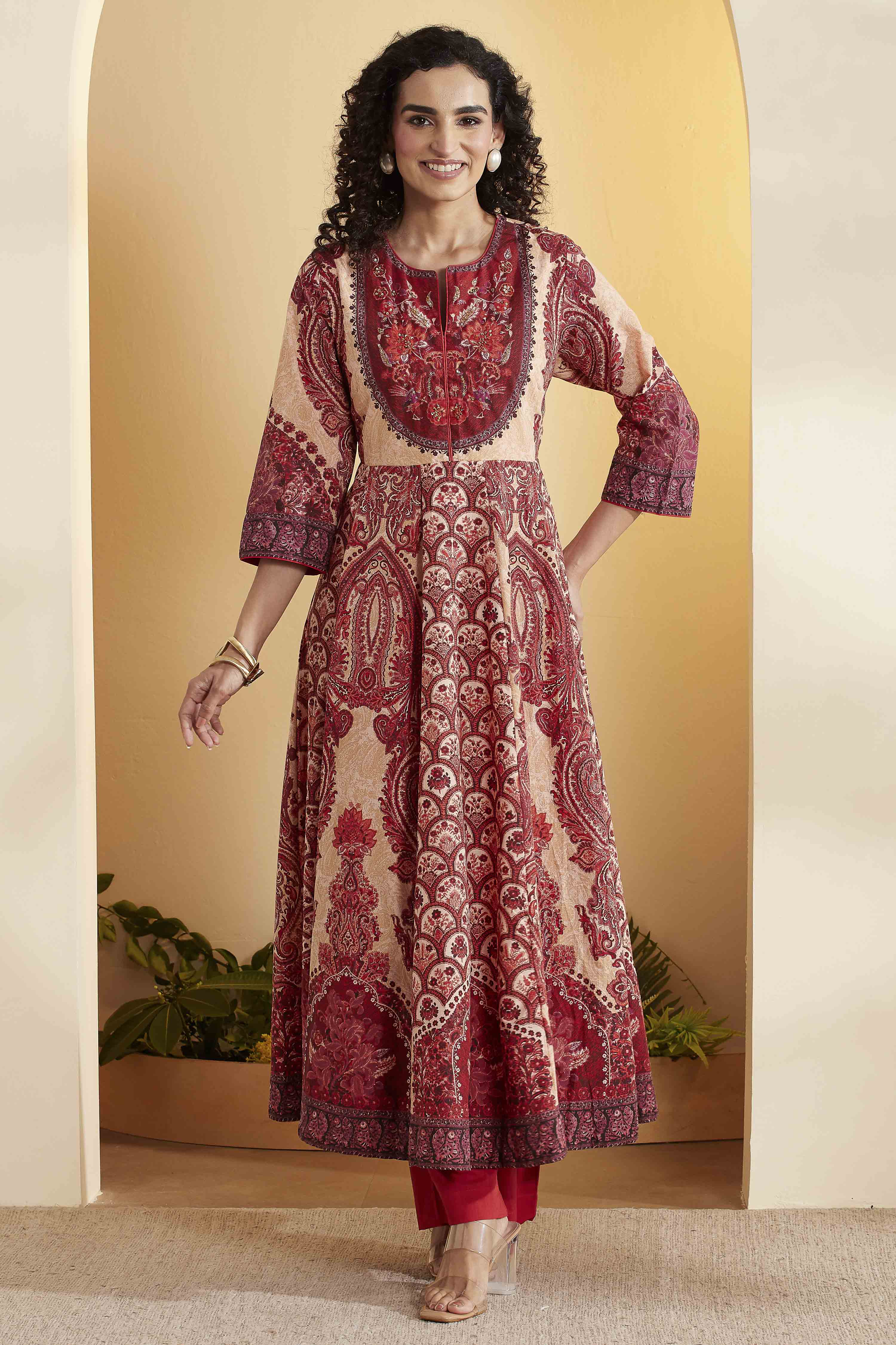 Rust Cotton Anarkali Kurta Pants Set image number 0