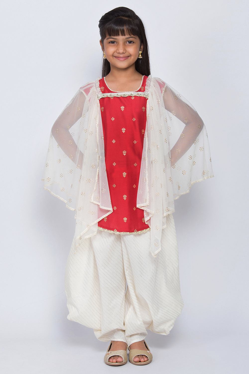 Red And Off White Cotton Silk Straight Kurta Dhoti Pant Suit Set image number 0