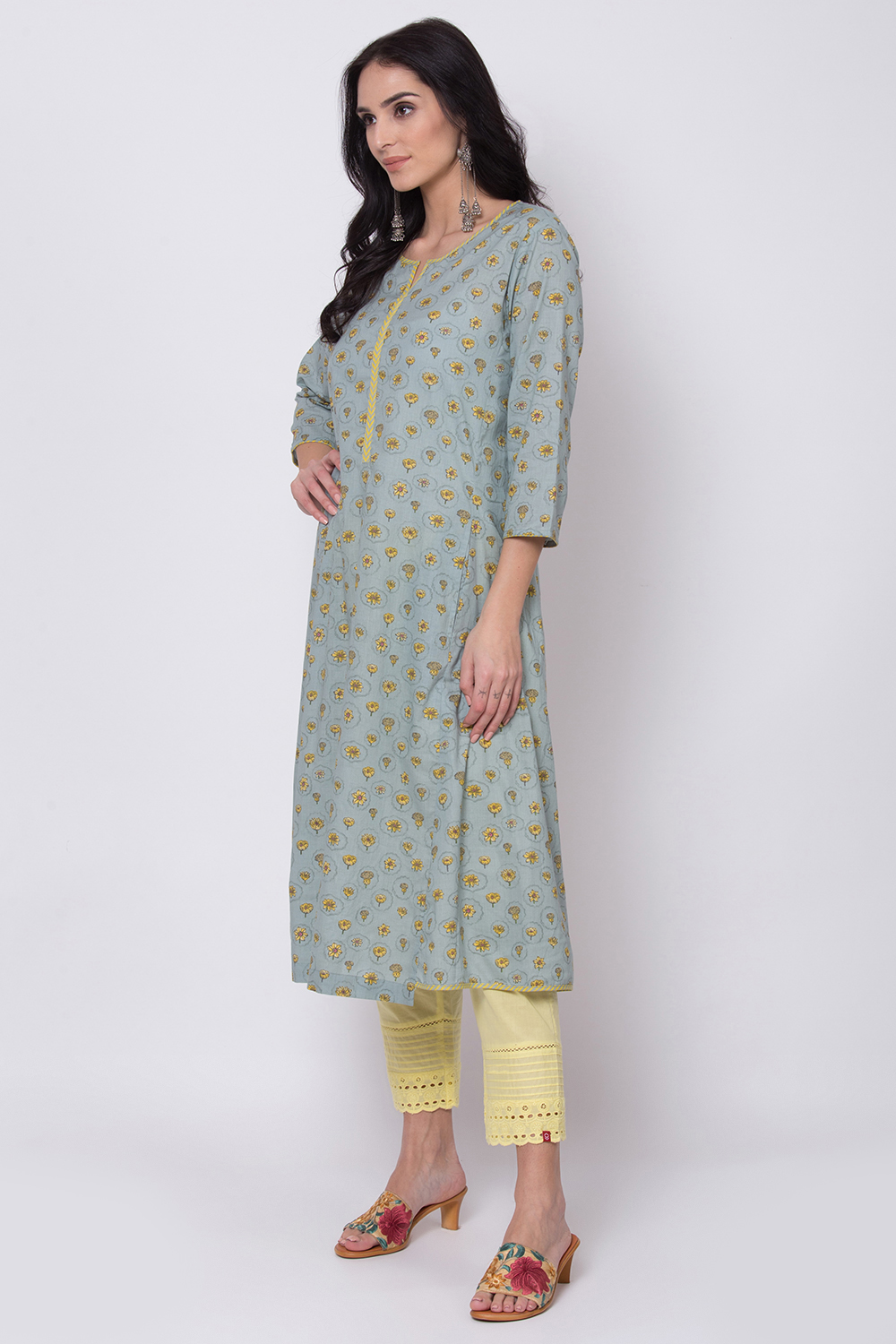 Teal Cotton A-Line Printed Kurta image number 2