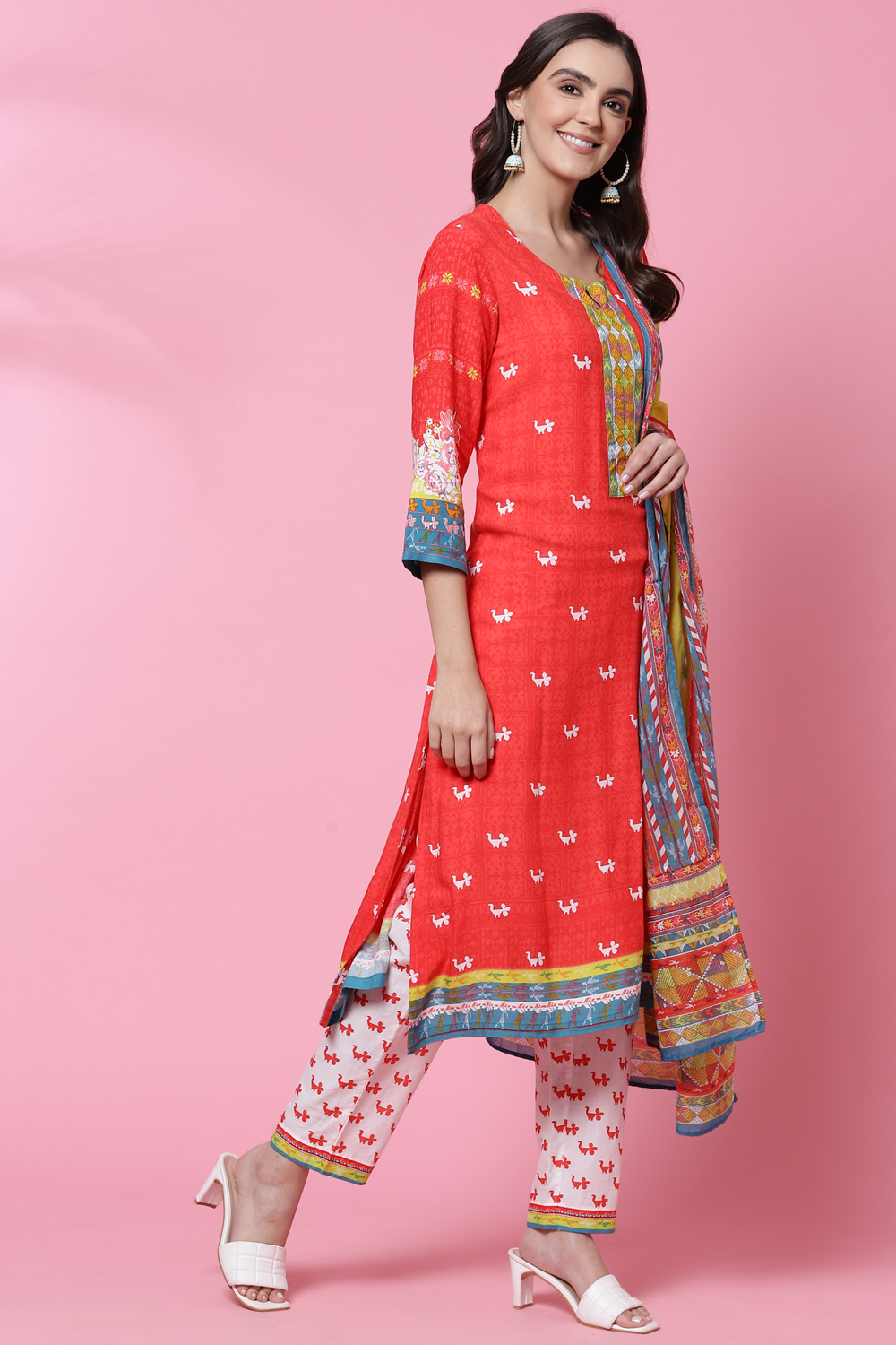 Red Rayon Straight Kurta Flared Palazzo Suit Set image number 6