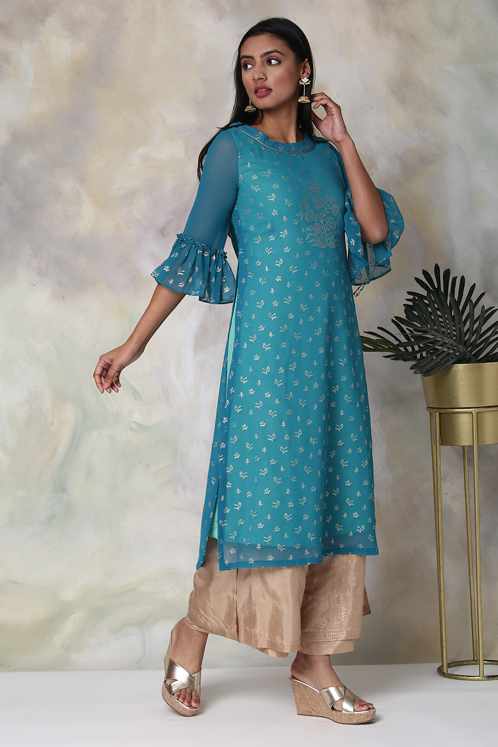 Turquoise Art Silk Straight Printed Kurta image number 0