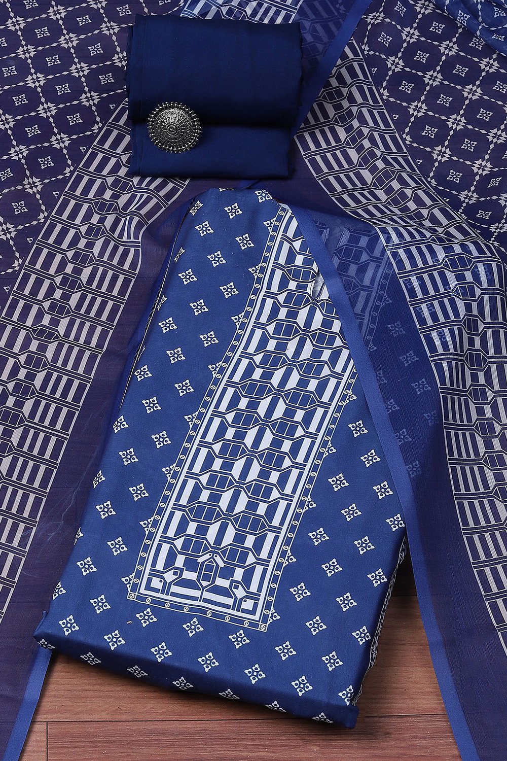 Navy Blue Cotton Blend Digital Print Unstitched Suit Set image number 0