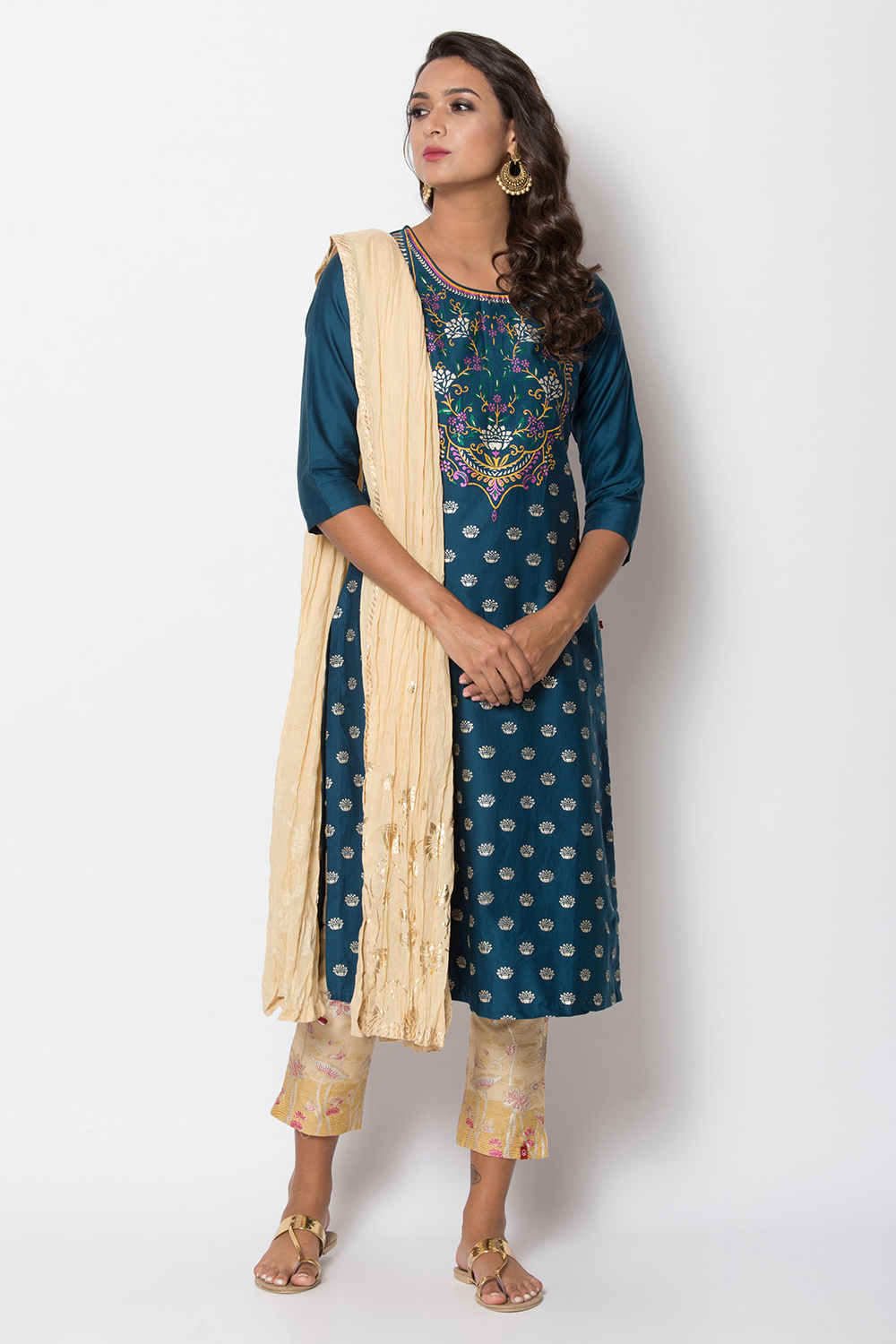 Navy Blue Cotton Straight Printed Kurta image number 2