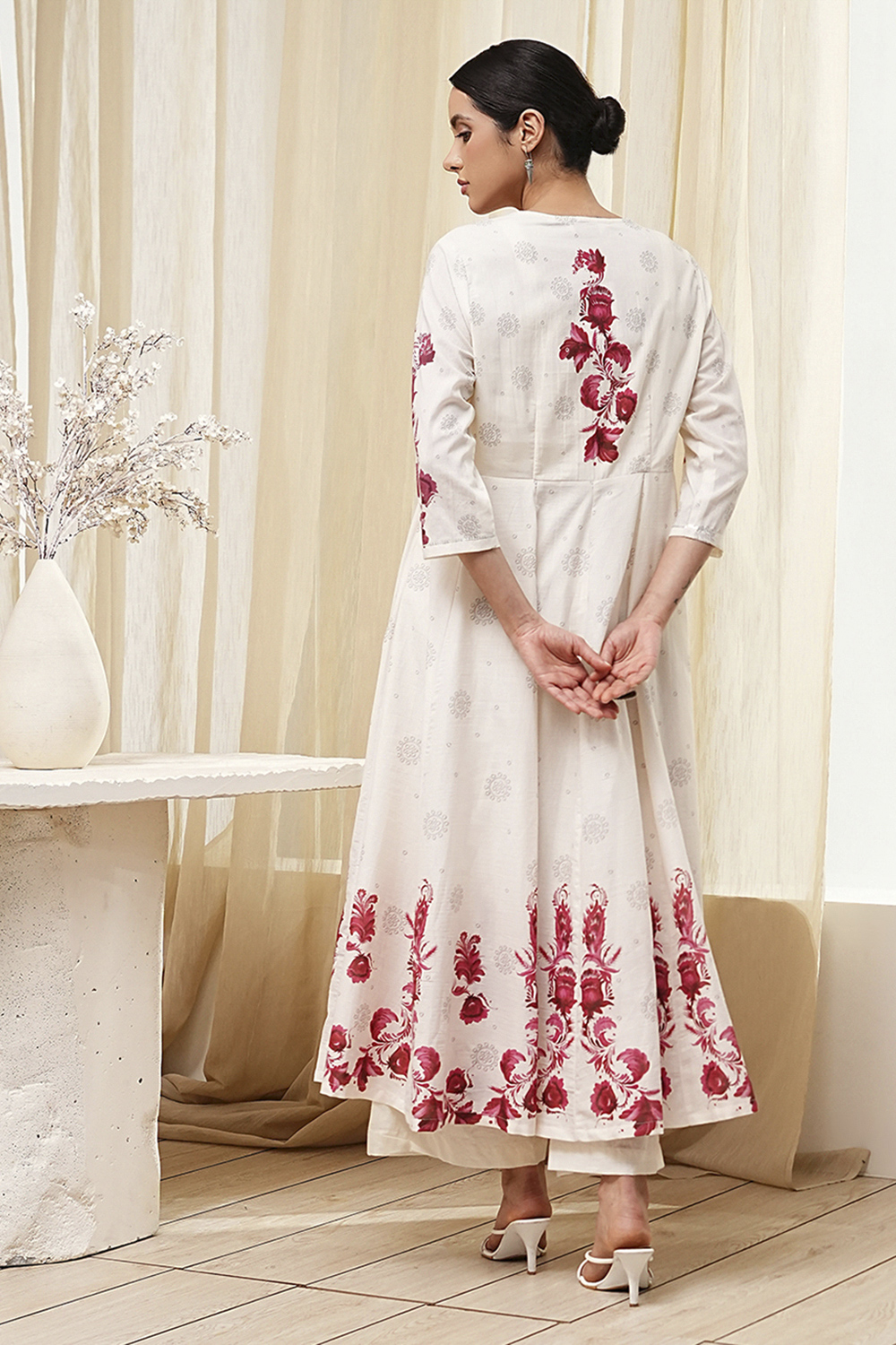 Off-White and Red Anarkali Fusion Set image number 4