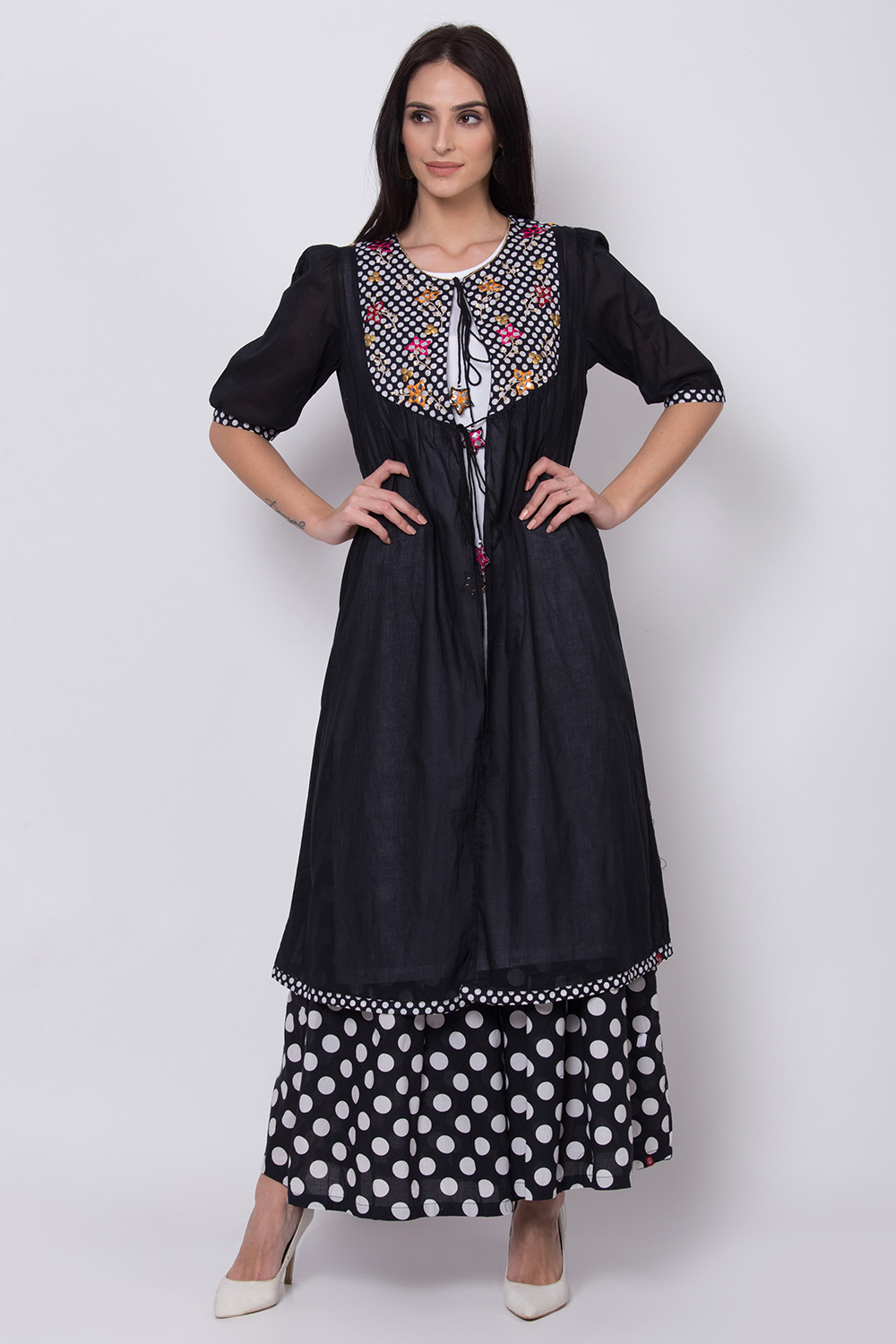 Black And White Cotton Front Open Printed Kurta image number 0