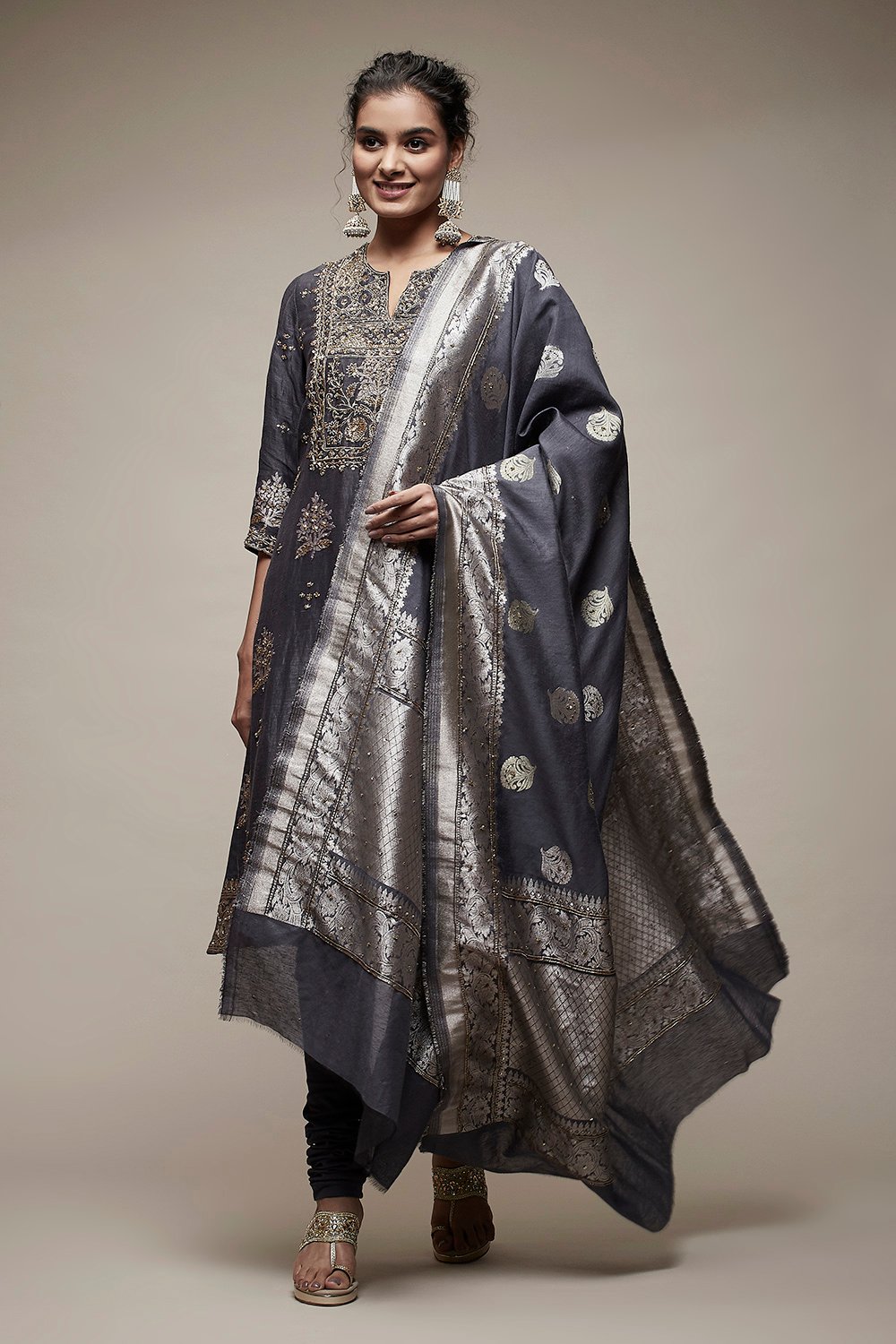 Charcoal Grey Silk Blend Straight Suit Set image number 1