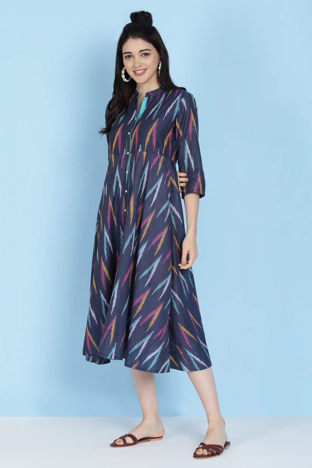 Blue Cotton Fusion Wear Dress image number 2