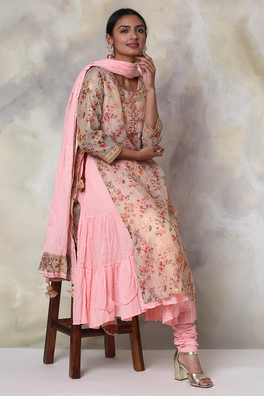 Blush Pink Cotton Double Layered Kurta Churidar Suit Set image number 9