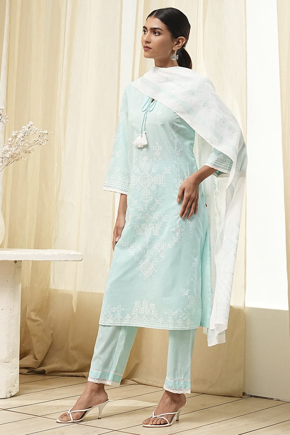 Aqua Cotton Printed Straight Suit Set image number 3