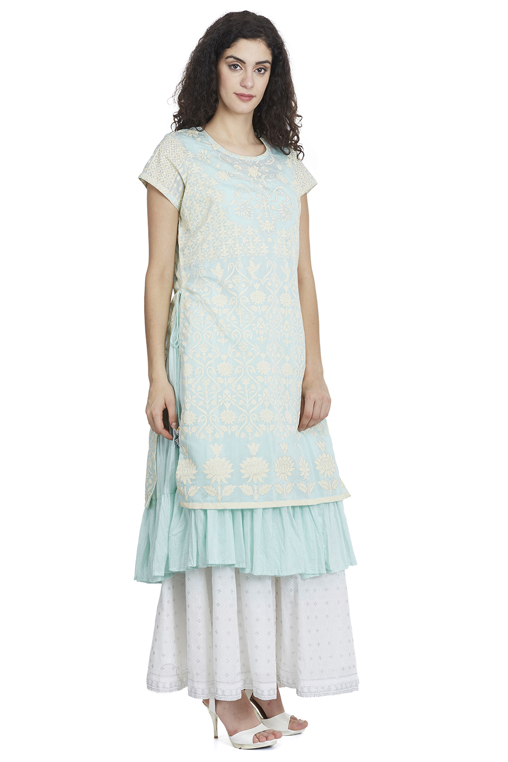 Aqua Blue Flared Art Silk Printed Kurta image number 2