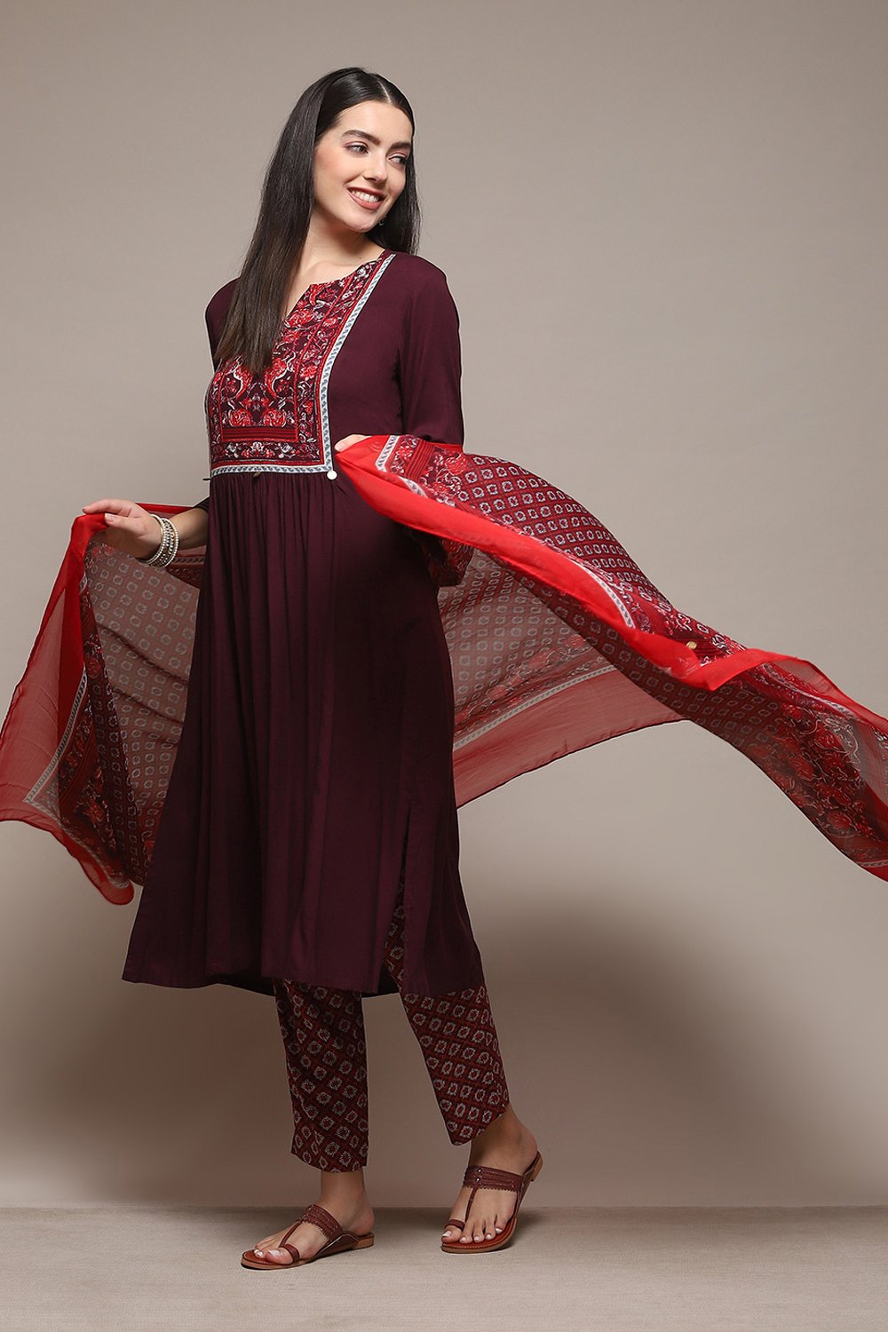 Burgandy LIVA Gathered Solid Kurta Slim Pant Suit Set image number 0