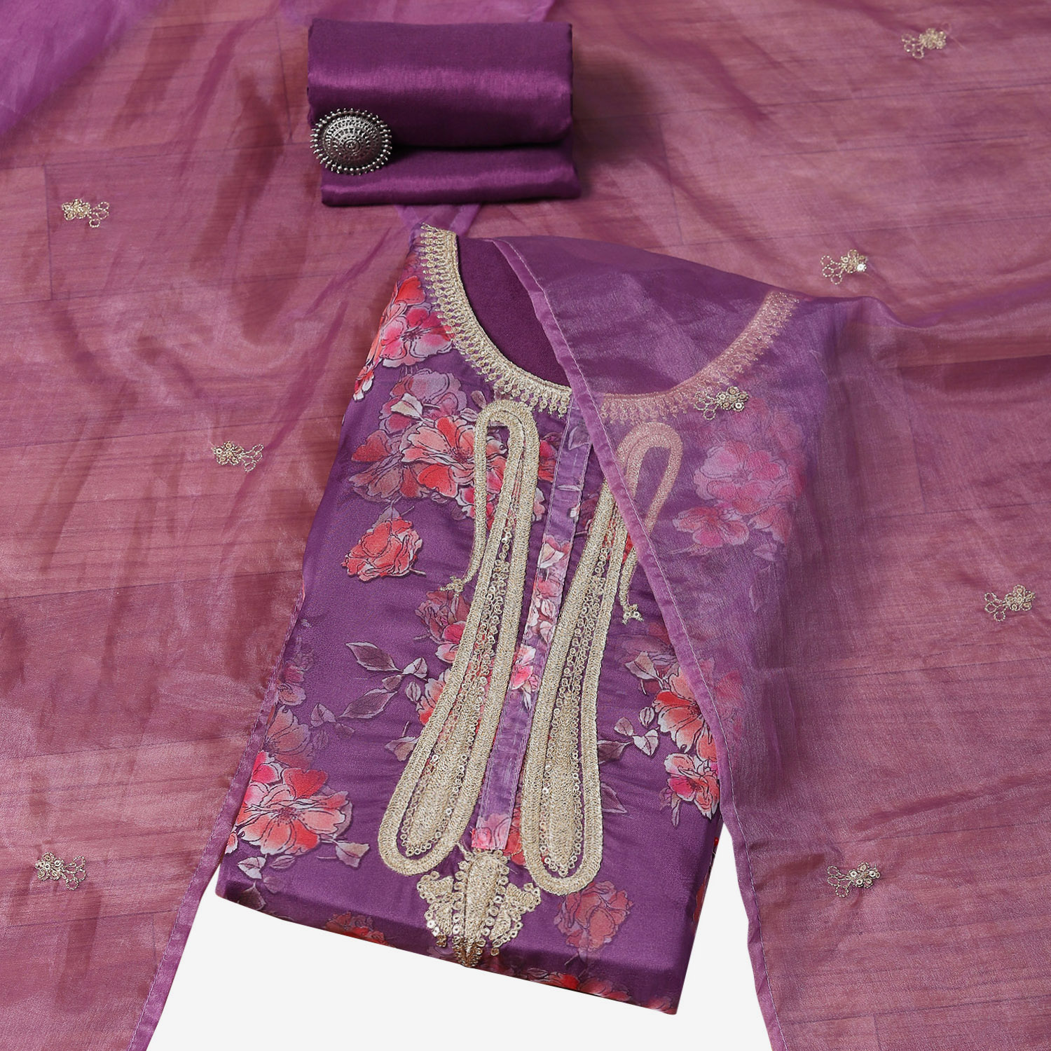 Purple Organza Digital Print Unstitched Suit Set image number 0