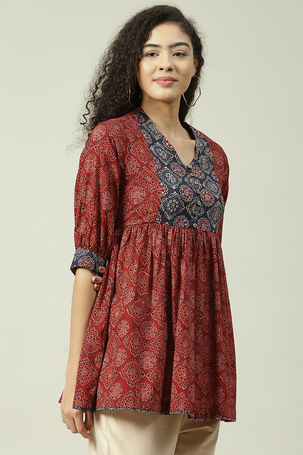 Rust Cotton Flared Printed Short Kurti image number 3