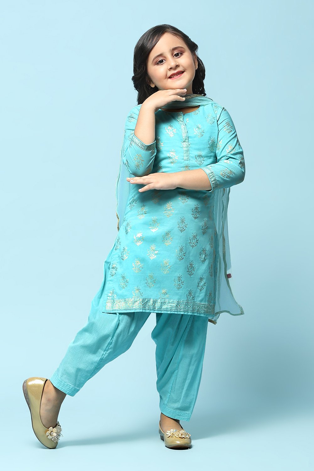 Turquoise Cotton Straight Printed Kurta Patiyala Salwar Suit Set image number 0