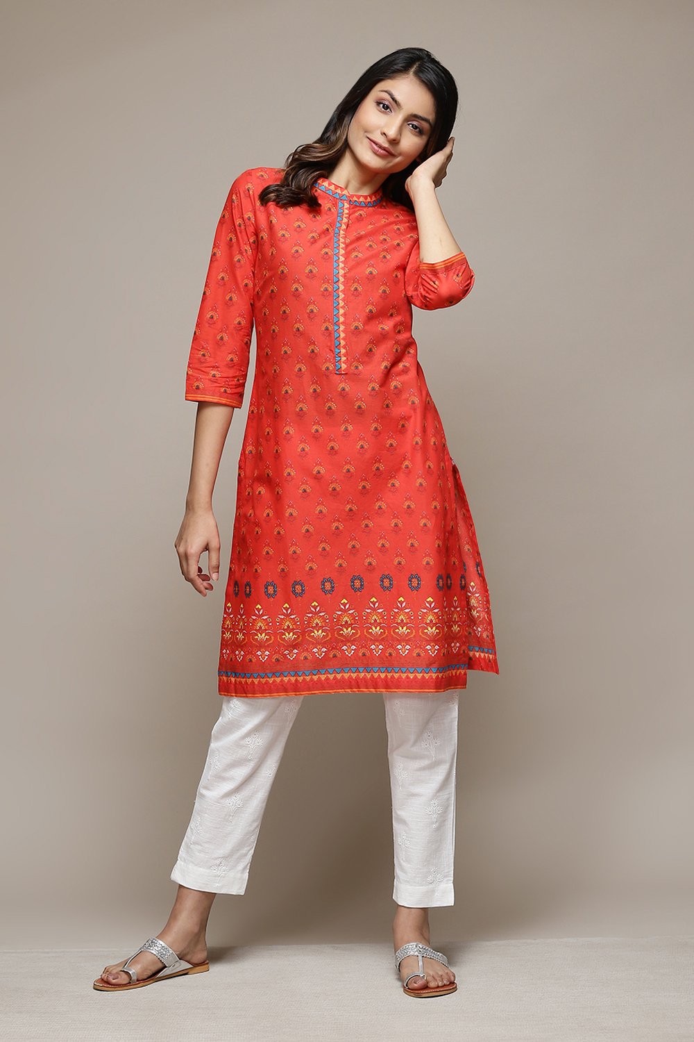 Orange Cotton Straight Printed Kurta image number 0